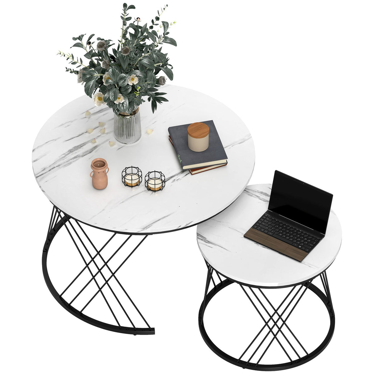 Nestbart sett med sofabord, marmorlook, hvitt, 2 deler