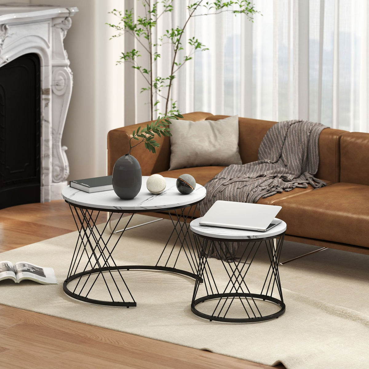 Nestbart sett med sofabord, marmorlook, hvitt, 2 deler
