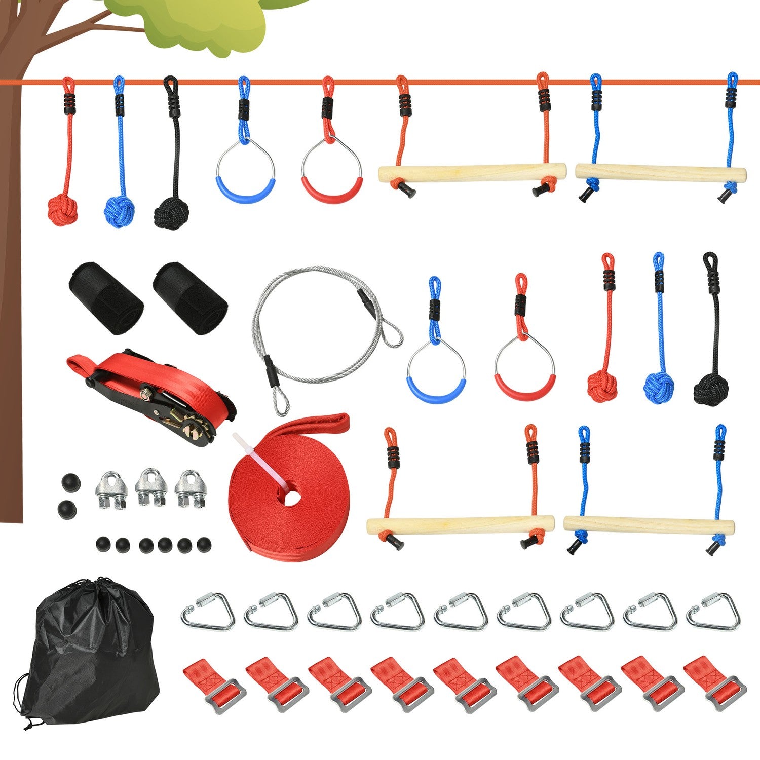 Ninja Slackline Set, 10M rep med hinder för barn
