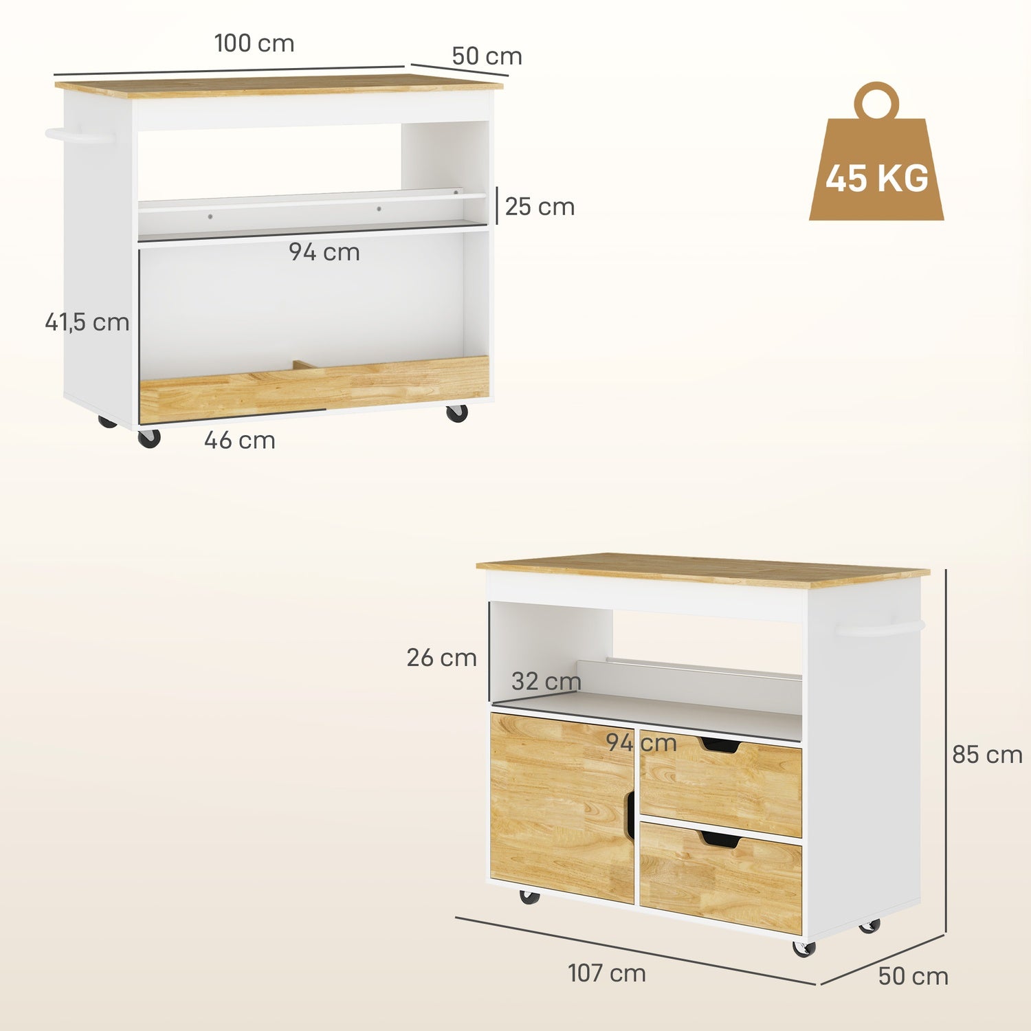 Oak Kitchen Island Trolley – Bänkskiva, lådor, mjukstängande dörr