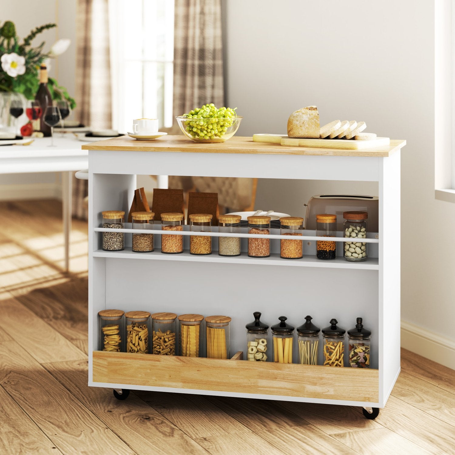 Oak Kitchen Island Trolley – Bänkskiva, lådor, mjukstängande dörr