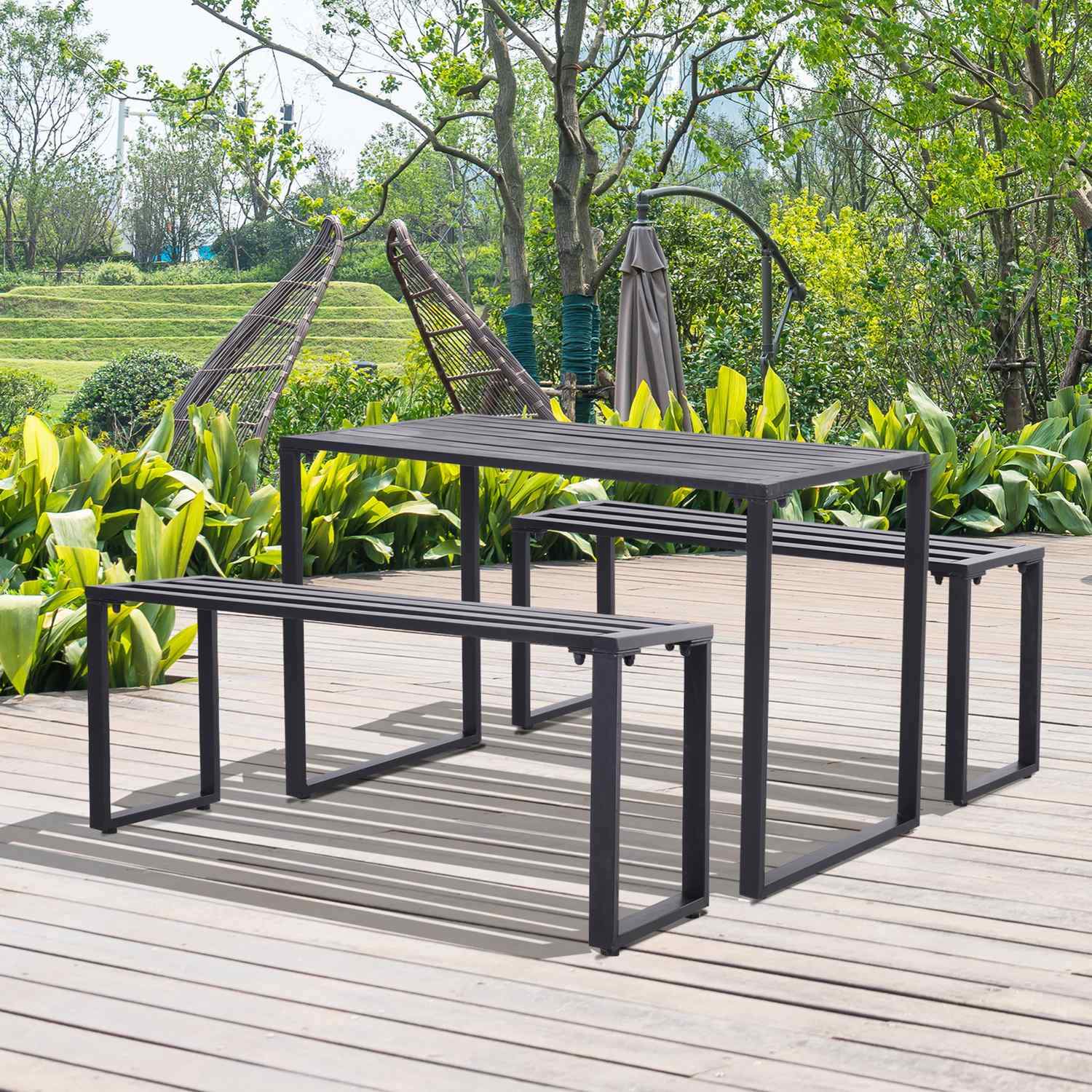 Outdoor Furniture Set Festset 3 Delar Sittgrupp Trädgårdsset 1 X Bord 2 X Bänk Metallsvart 110 X 55 X 70 Cm