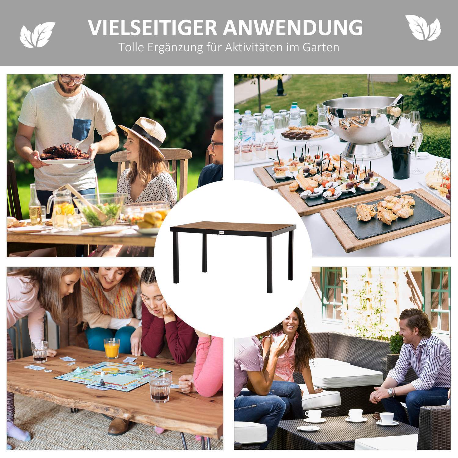 Hagebord 6 personer Spisebord Lettstelt aluminiumsbord Hagemøbler Plast Natur + Sort 140X90X74Cm