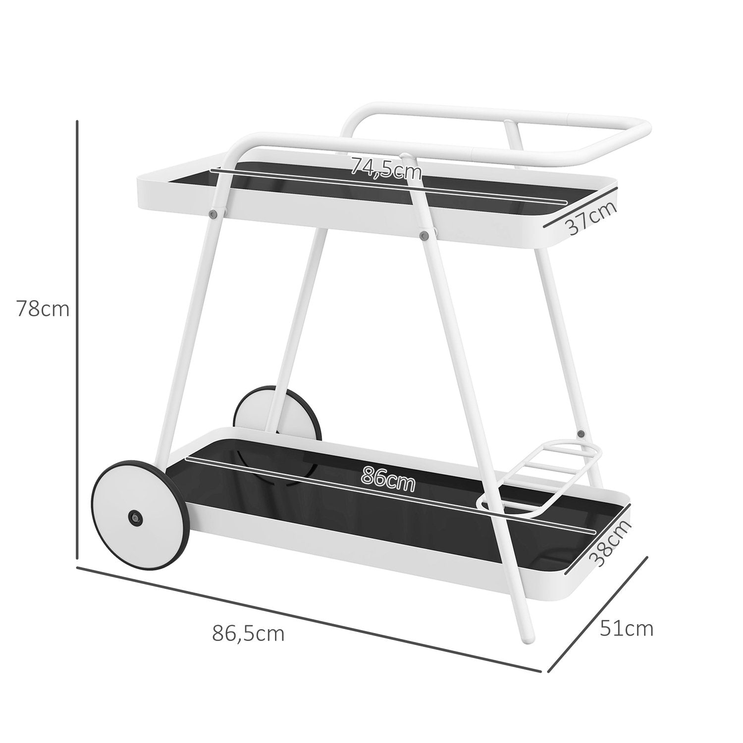 Utendørs serveringsvogn 2-lags vogn med vinstativ, stålramme, svart+hvit, 86,5x51x78 cm