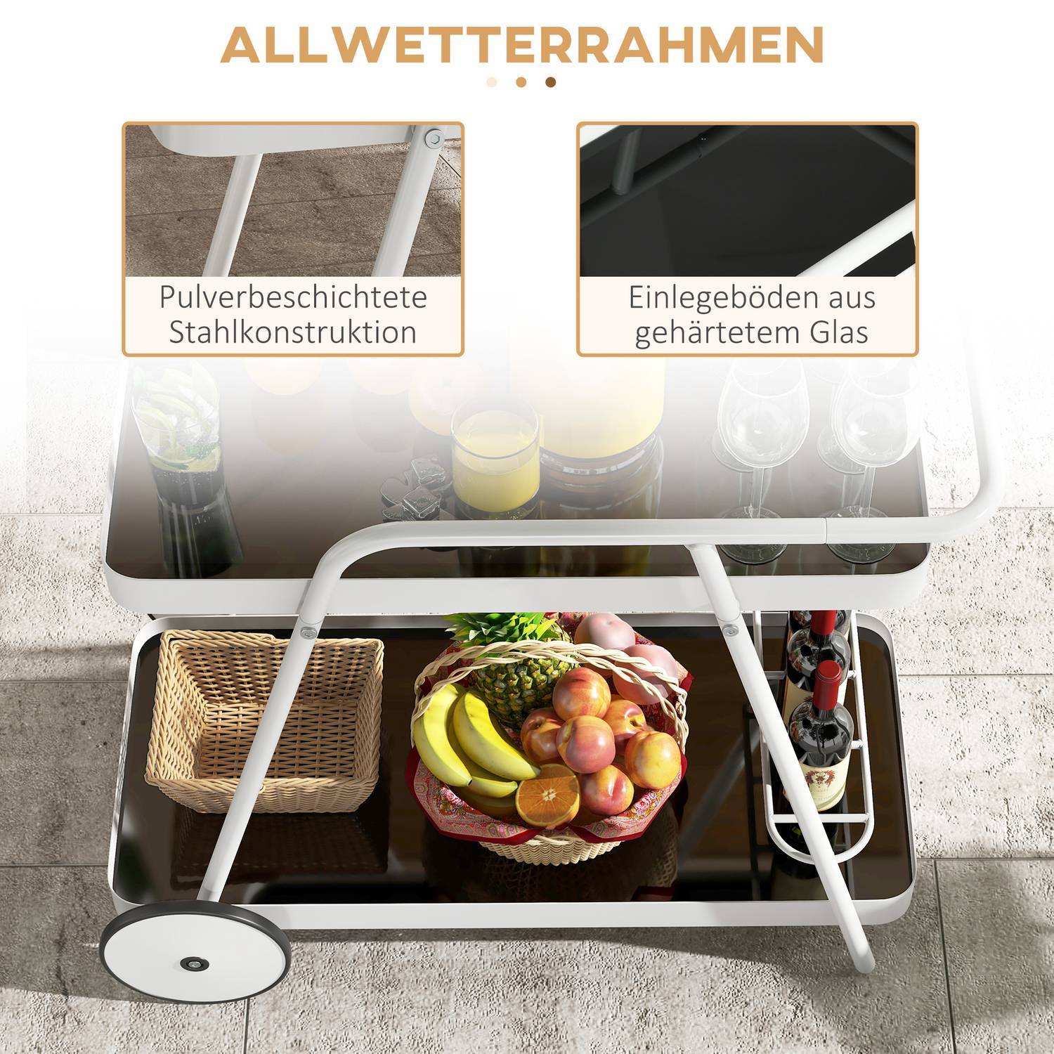 Utendørs serveringsvogn 2-lags vogn med vinstativ, stålramme, svart+hvit, 86,5x51x78 cm