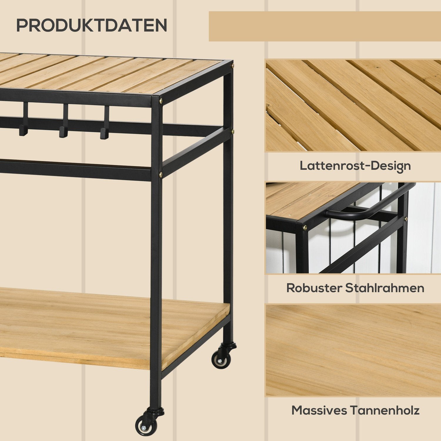 Serveringsvogn, grillvogn med 2 hyller, kjøkkenvogn med kroker, utendørs multifunksjonsbord med hjul, naturlig, 107 X 65 X 80 cm