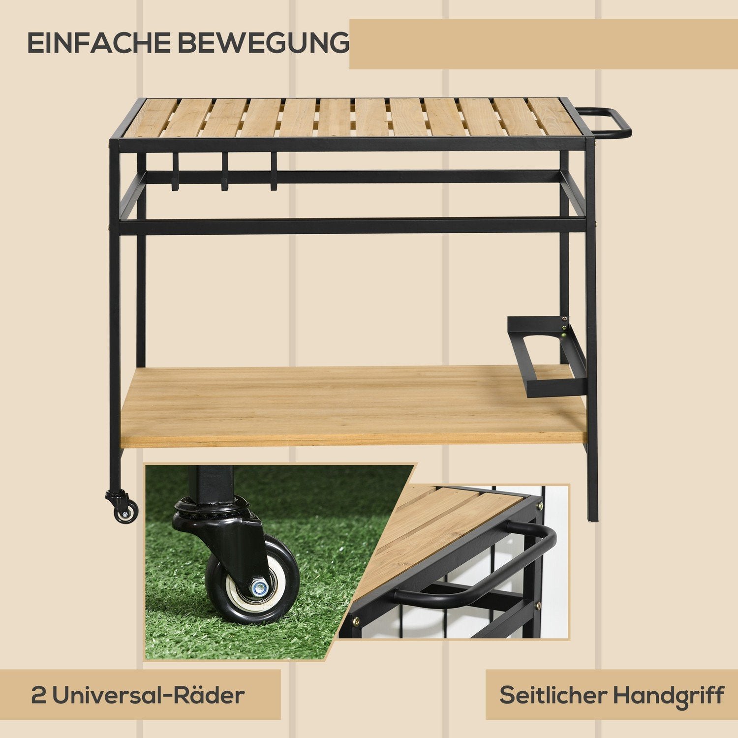 Serveringsvogn, grillvogn med 2 hyller, kjøkkenvogn med kroker, utendørs multifunksjonsbord med hjul, naturlig, 107 X 65 X 80 cm