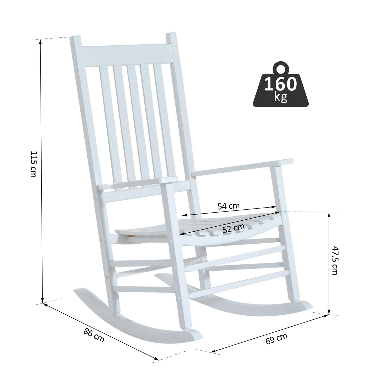 Gyngestol av tre med armlen Gyngestol Avslapningsstol Hagestol Hvit 69 X 86 X 115 Cm