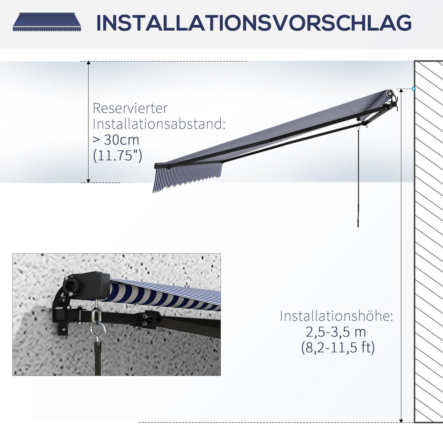 3,5 X 3 M Markis Vägghängd Balkongmarkis Med Handvev, Solskydd, Soltak För Balkong Aluminium Blå + Vit