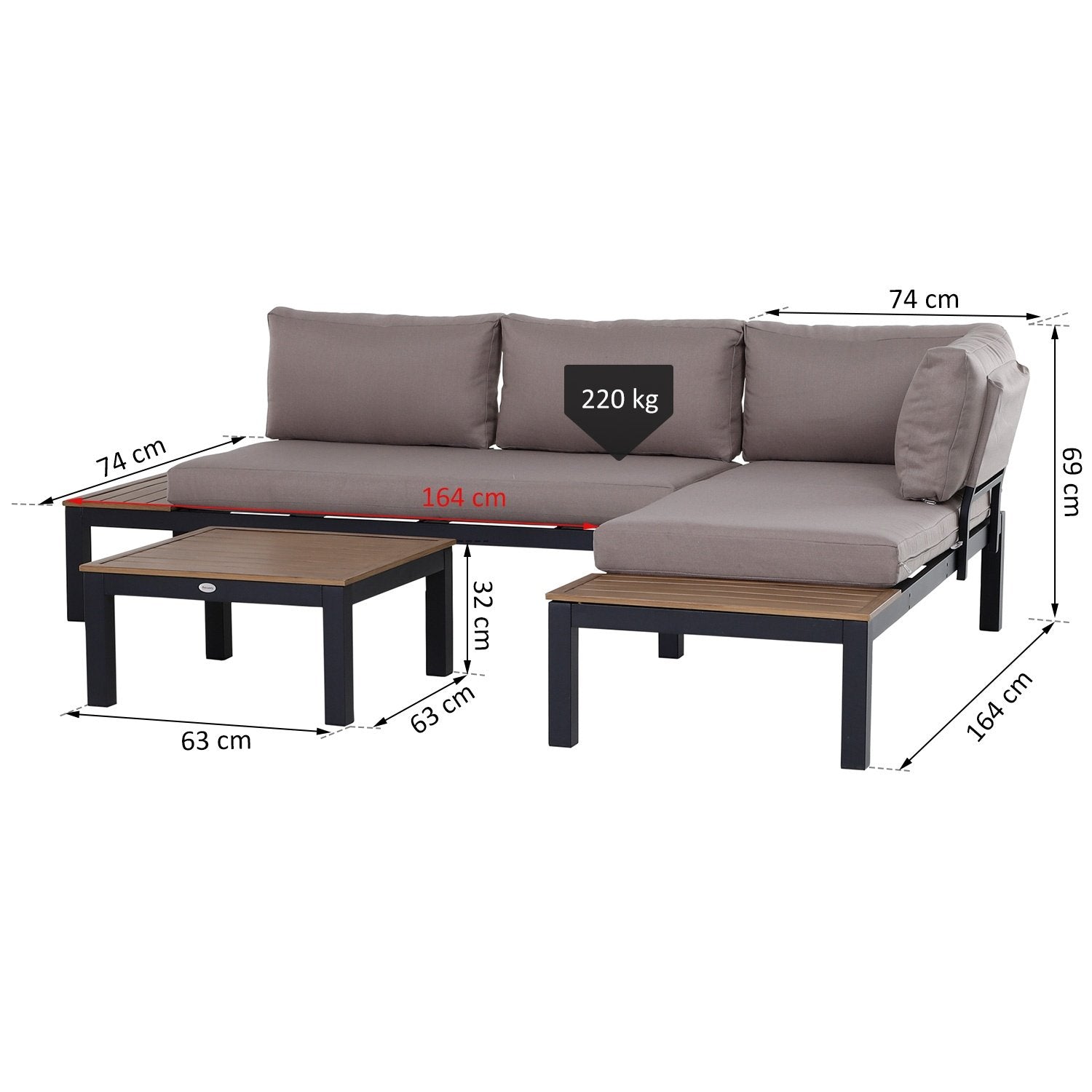 3-delt hagemøbelsett med sidebord sofa med puter Utendørs aluminium 164 X 74 X 69 Cm