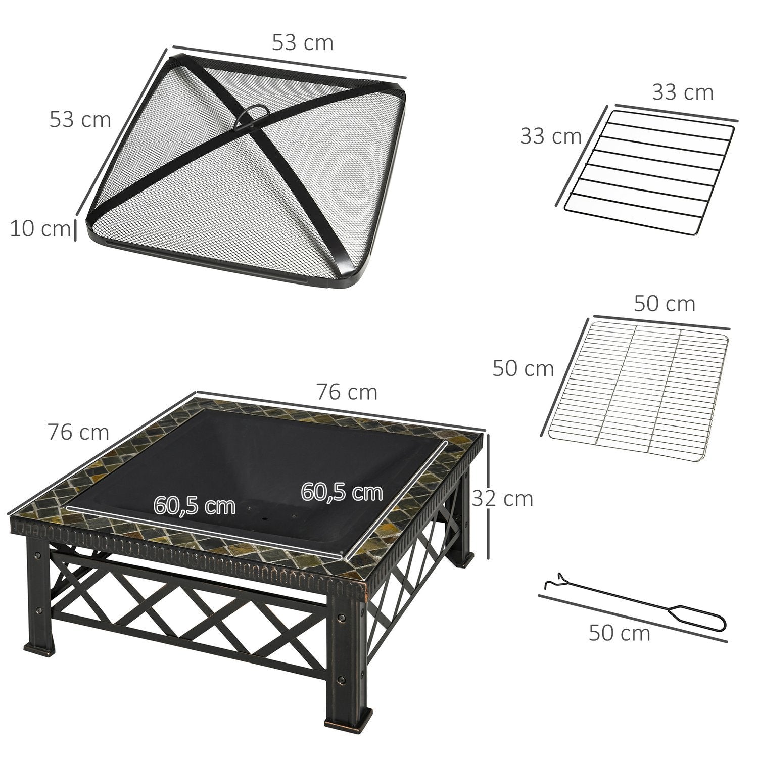 3-I-1 Eldskål Eldkorg Eldgrop Med Gnistskydd Grill Galler Ishink Trädgårdsgrill Svart 76 X 76 X 47 Cm