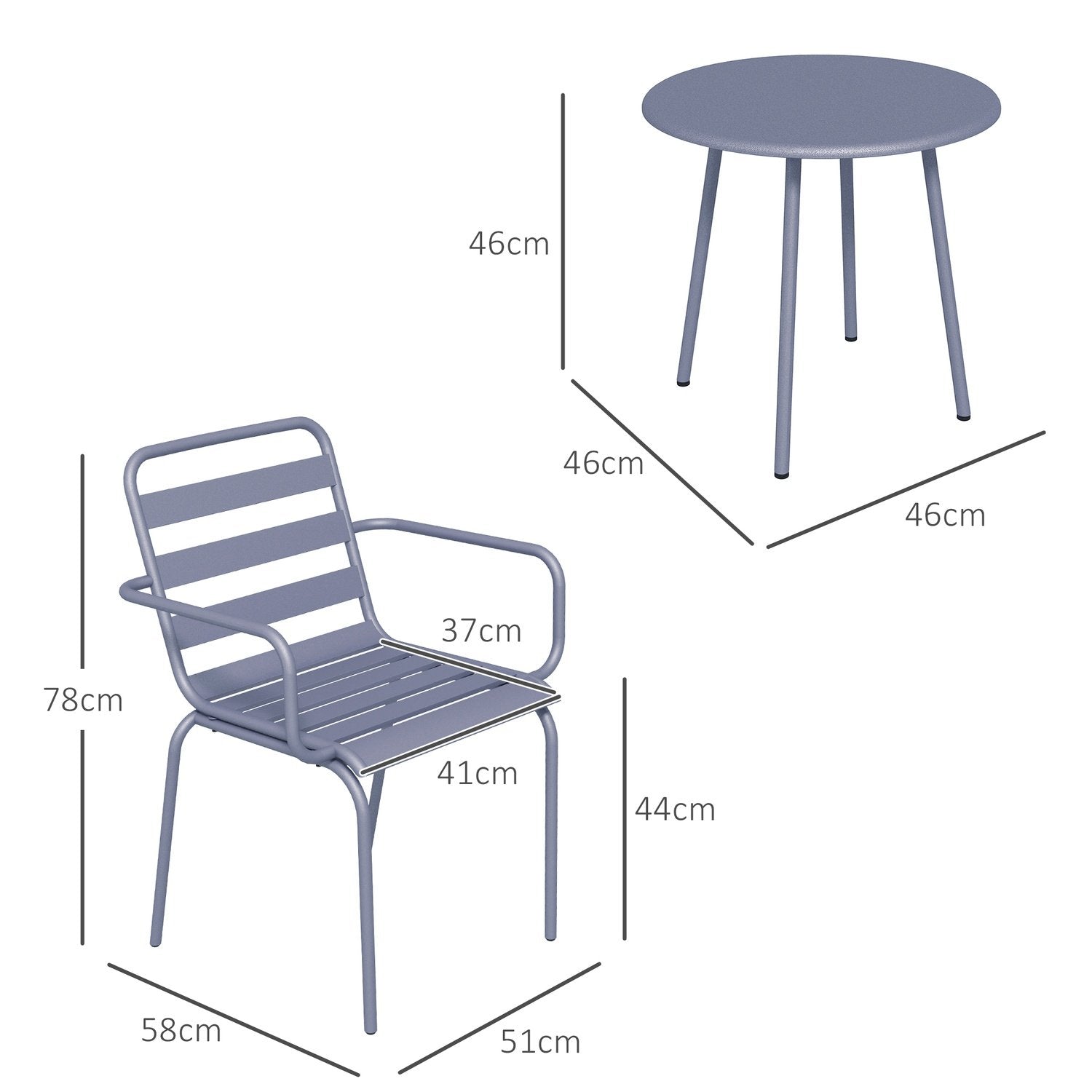 3 stk. Bistrosett Hagemøbelsett med 1 salongbord, 2 stablebare stoler, balkongsett, sittegruppe for balkong, terrasse, stål, lys grå