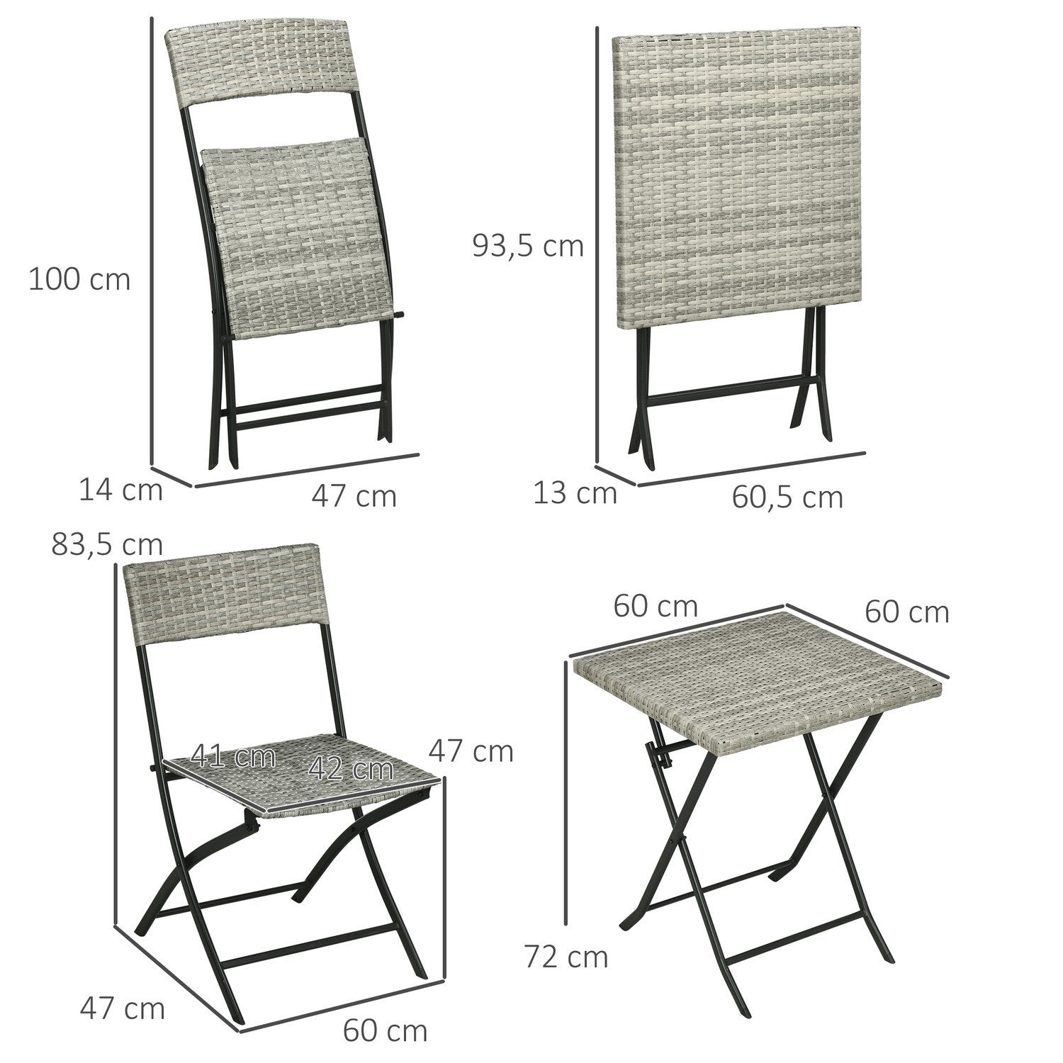 3 stk. Rotter Balkongmøbelsett, Bistrosett med 2 klappstoler, Klappbord, Hagemøbelsett, Sittegruppe, Sittegruppe, Metall, Lysegrå