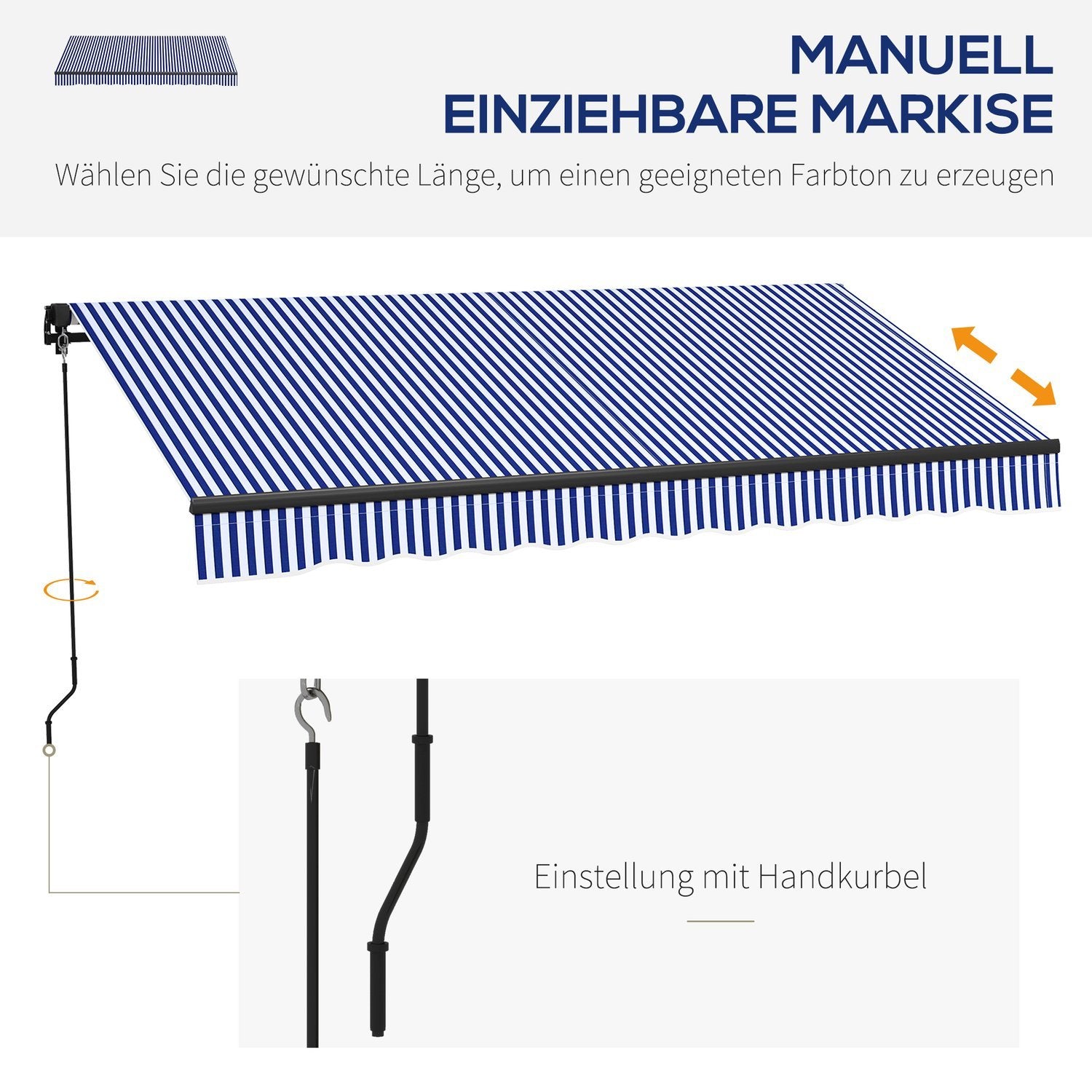 3 X 2,5 M Markise Vegghengt Balkong Markise Med Håndsveiv, Solavskjerming, Solskjerm For Balkong Aluminium Blå + Hvit