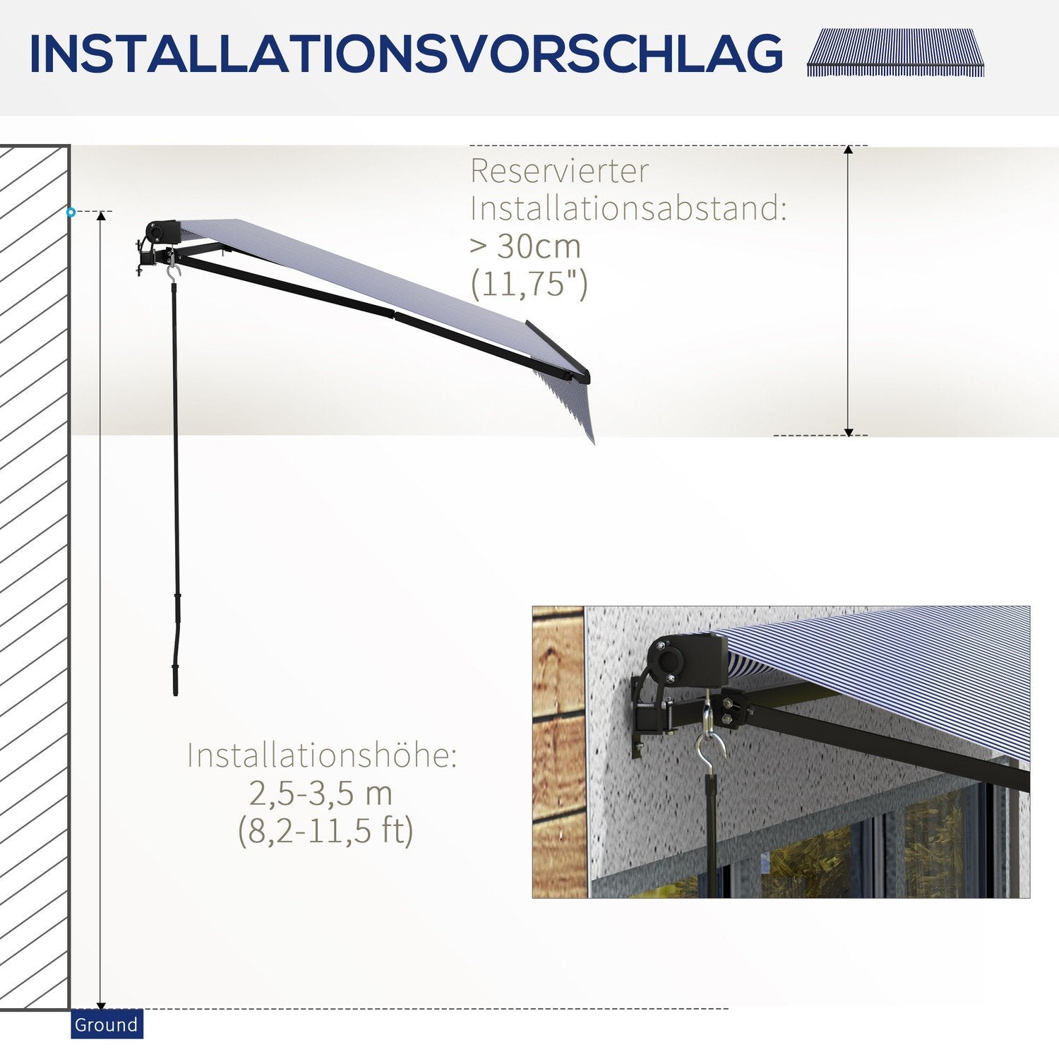 3 X 2,5 M Markise Vegghengt Balkong Markise Med Håndsveiv, Solavskjerming, Solskjerm For Balkong Aluminium Blå + Hvit