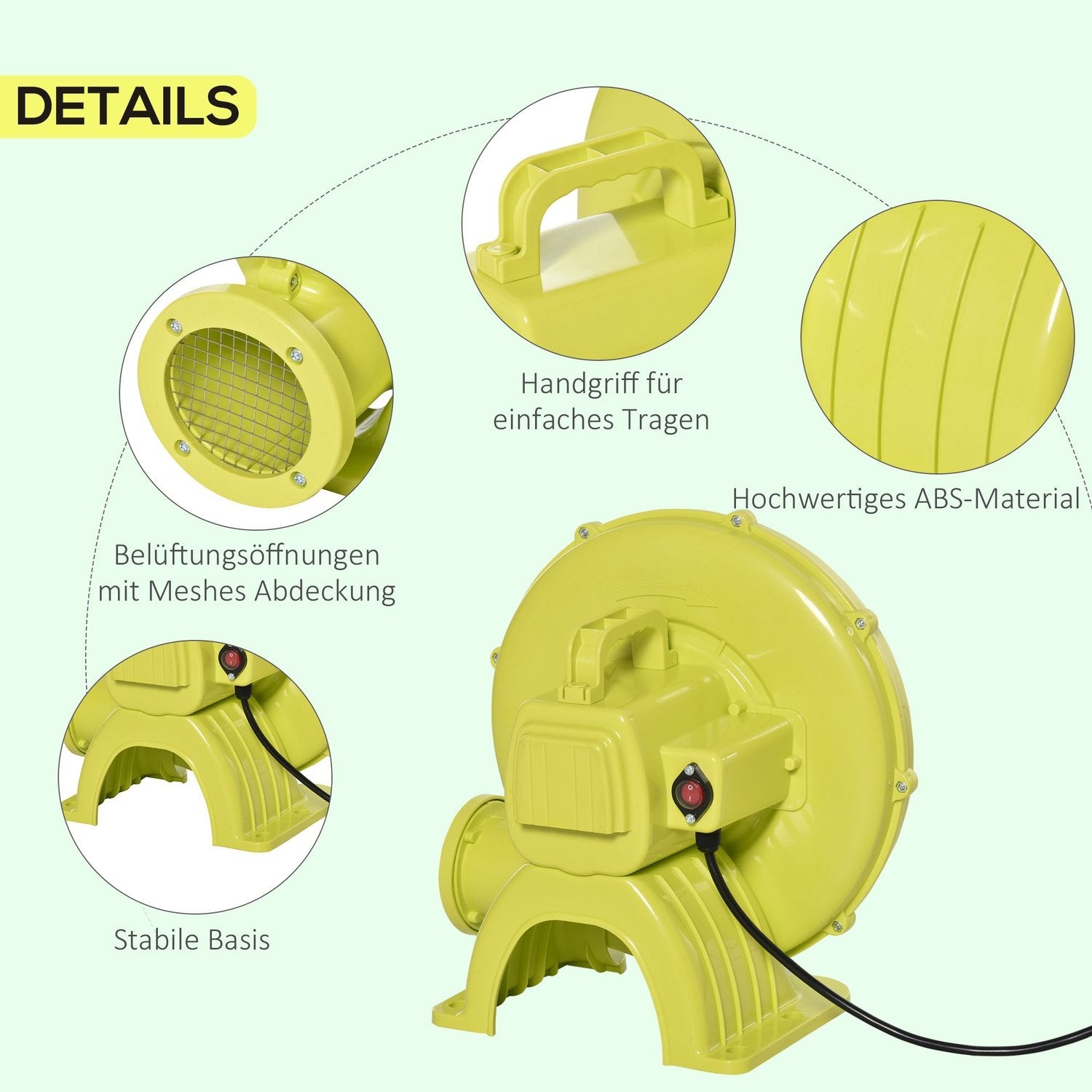 450W Elektrisk Luftpump Bouncy Castle Blåsare Pump Fläkthandtag Kontinuerlig Fläkt Uppblåsbara Leksaker Abs