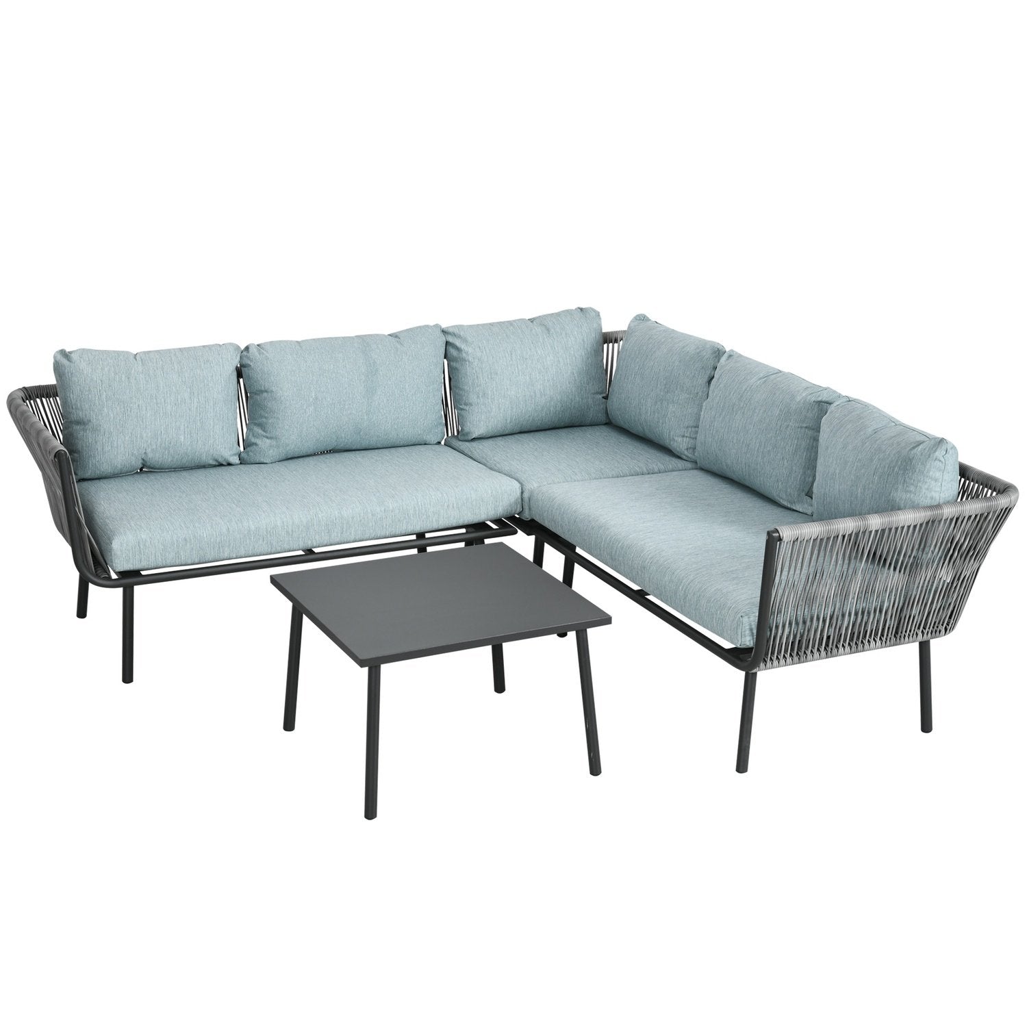 4-delt rotting hagemøbler, sittegruppe med puter, sittegruppe med 2 doble sofaer, 1 hjørnesofa, 1 salongbord, hagesett for balkong, terrasse, aluminium + polyester, grå