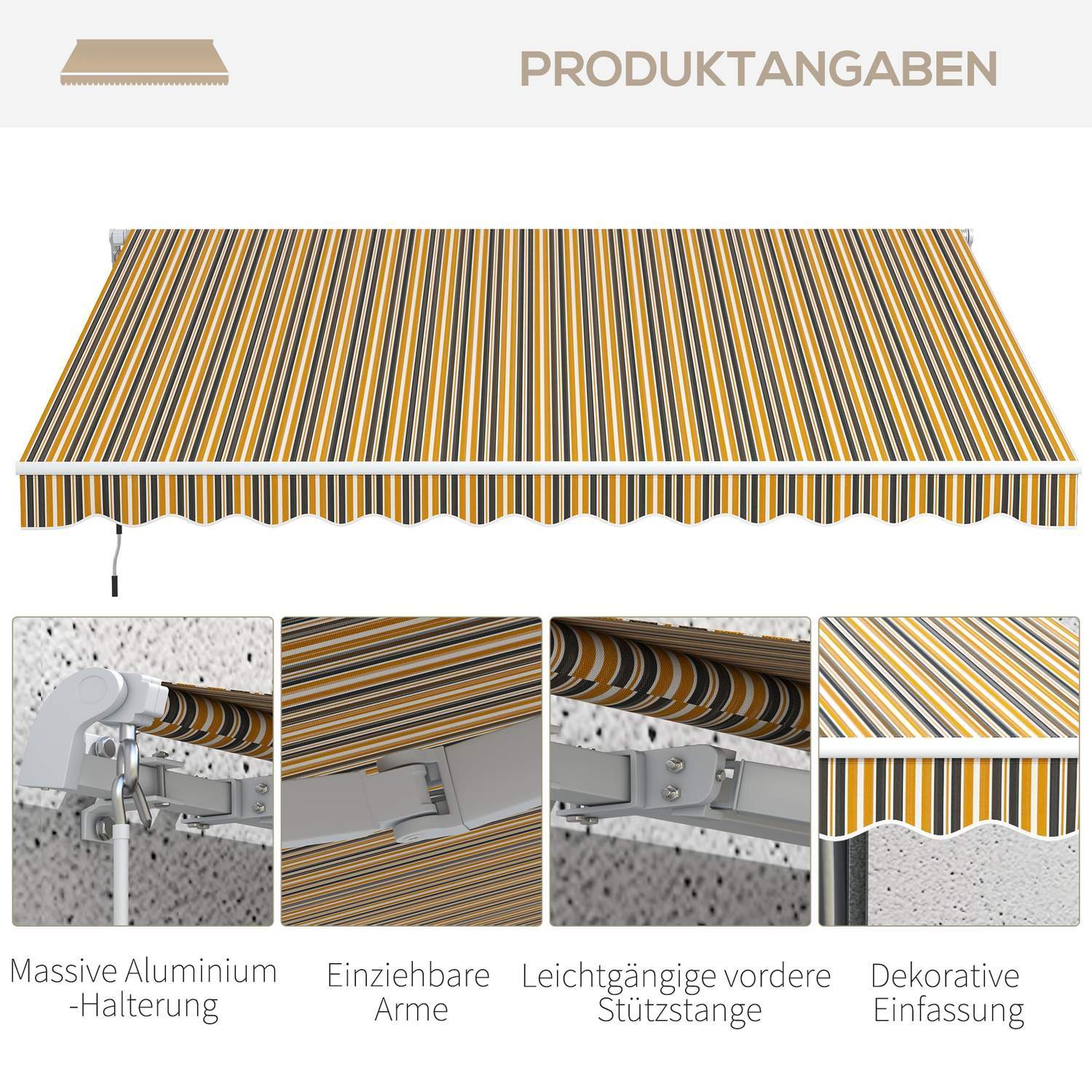 Markise Foldearm Markise Solskjerm Med Håndsveiv 3,5 X 2,5 M Gul Grå Aluminium Polyester