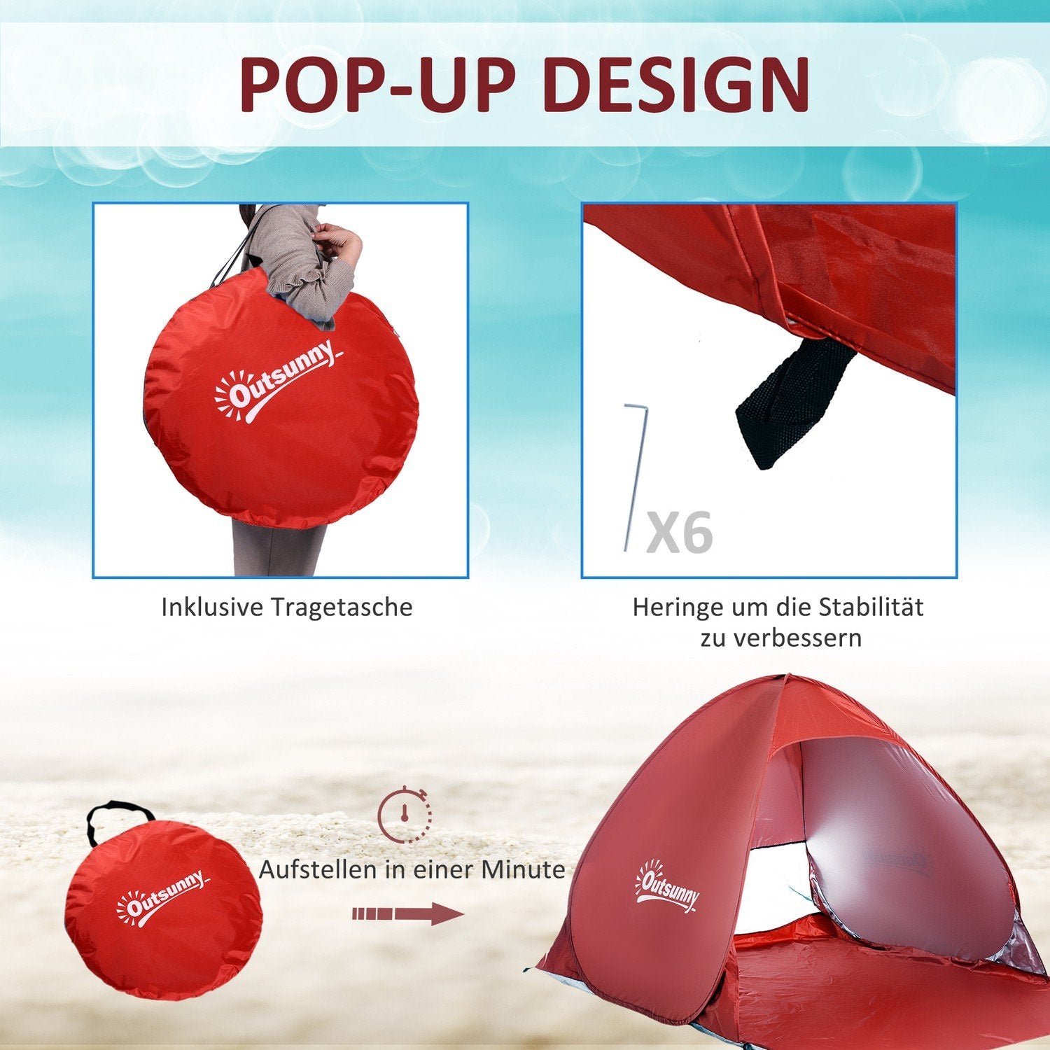 Beach Shelter Quick Assembly Beach Telt Pop Up Telt, Automatisk, Polyester, Rød, 200X150X119Cm