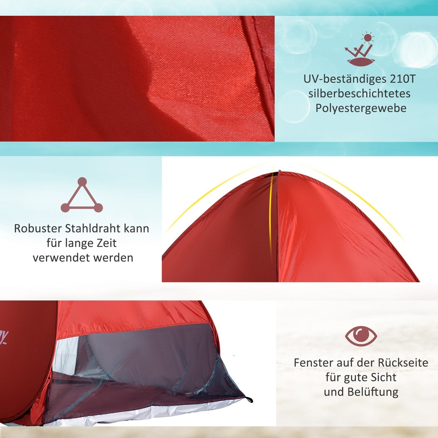 Beach Shelter Quick Assembly Beach Telt Pop Up Telt, Automatisk, Polyester, Rød, 200X150X119Cm