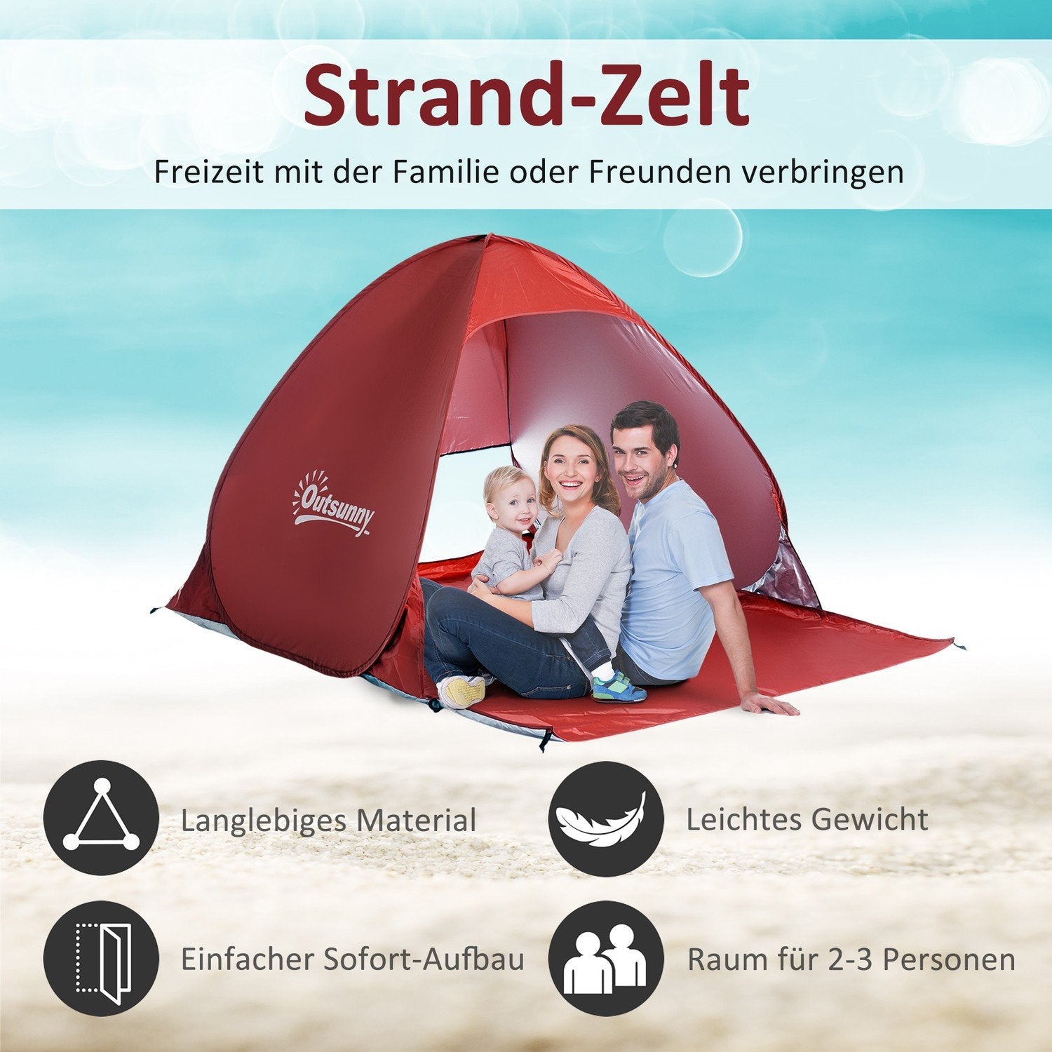 Beach Shelter Quick Assembly Beach Telt Pop Up Telt, Automatisk, Polyester, Rød, 200X150X119Cm