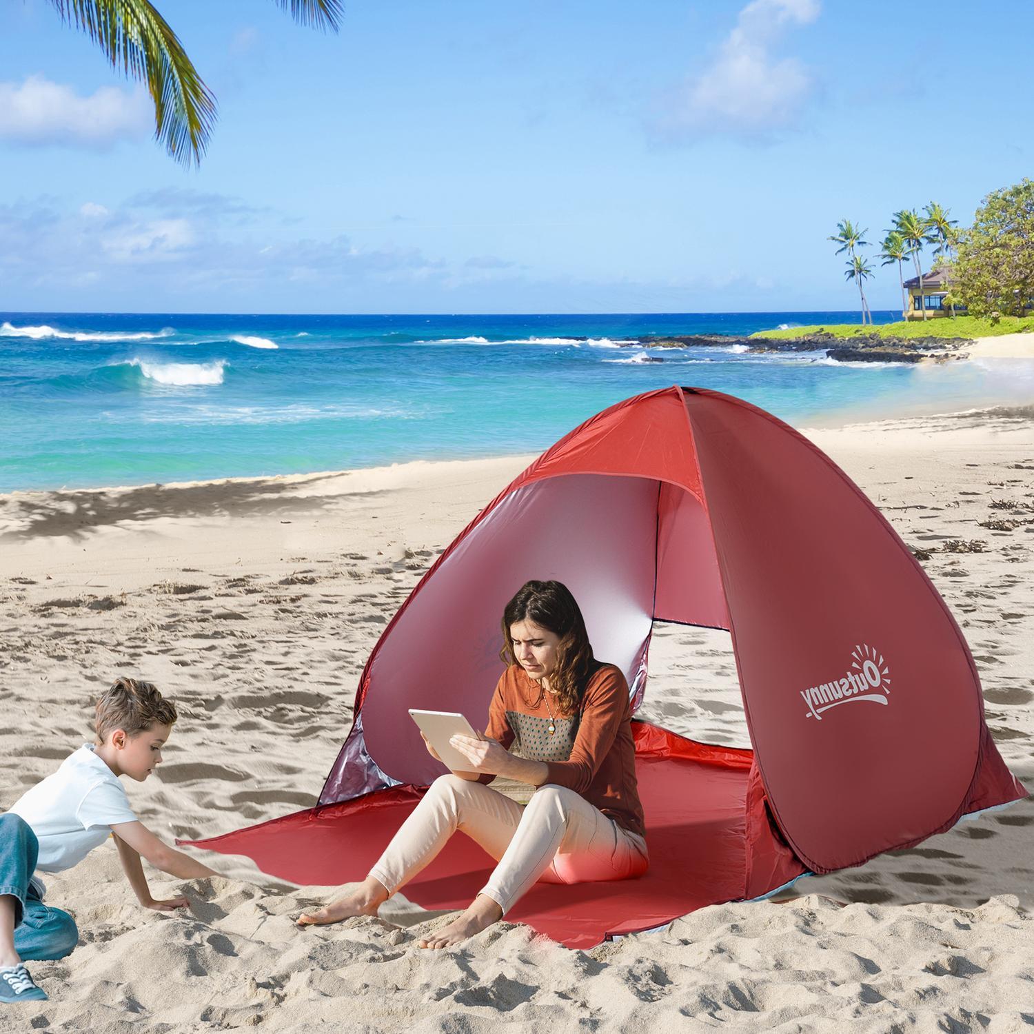 Beach Shelter Quick Assembly Beach Telt Pop Up Telt, Automatisk, Polyester, Rød, 200X150X119Cm