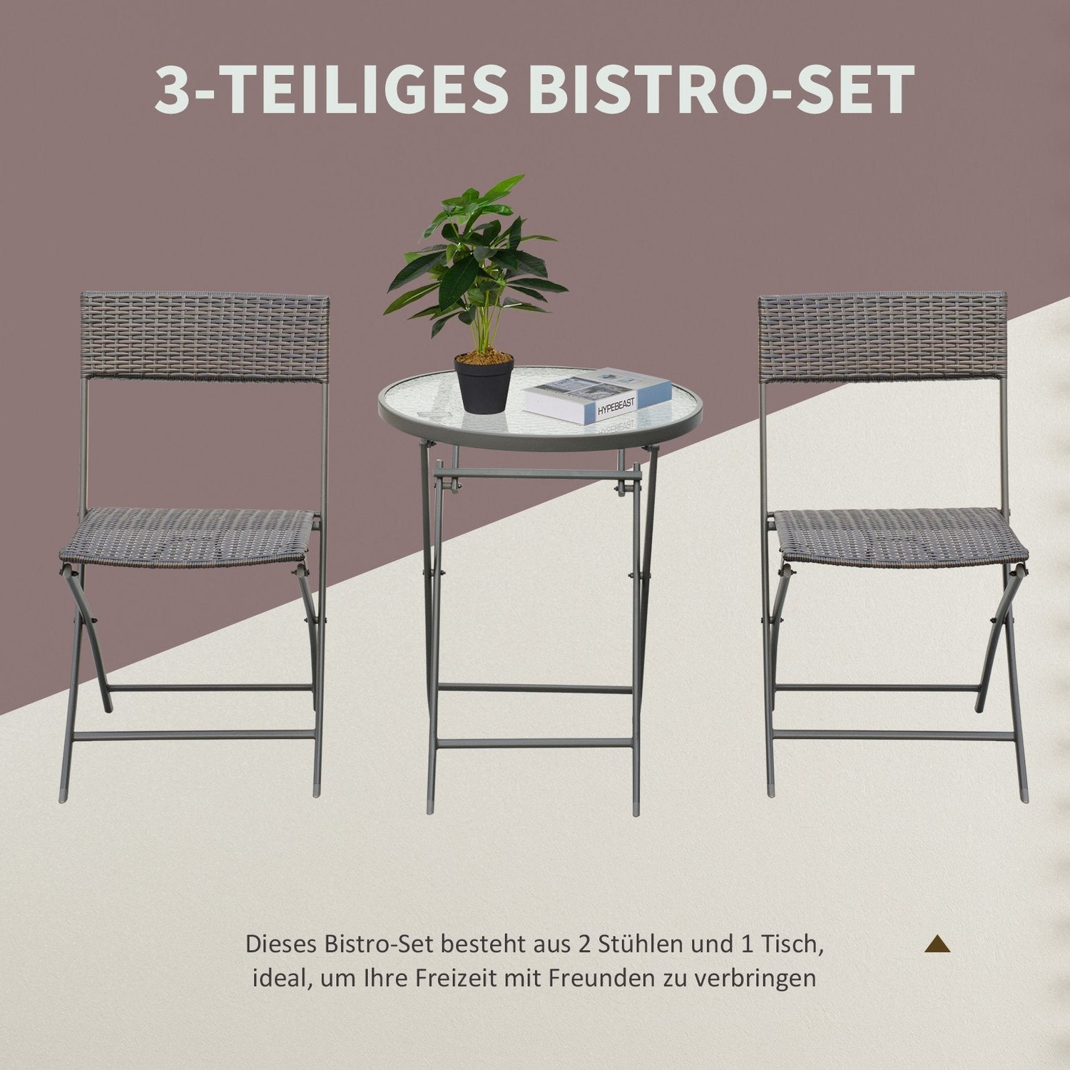 Bistrosett Balkongsett Polyrattan 3-delt Sammenleggbar Hage Brun