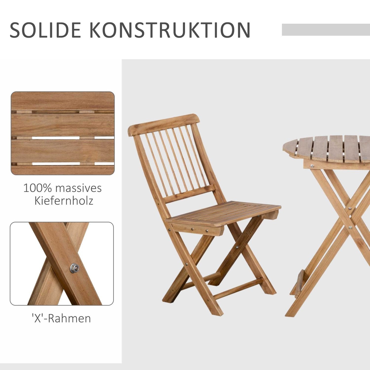 Bistroset För 2 Personer, Hopfällbart Trädgårdsset I Trä, Balkongset, Bistrobord Med 2 Stolar, Trädgårdsmöbler, Natur