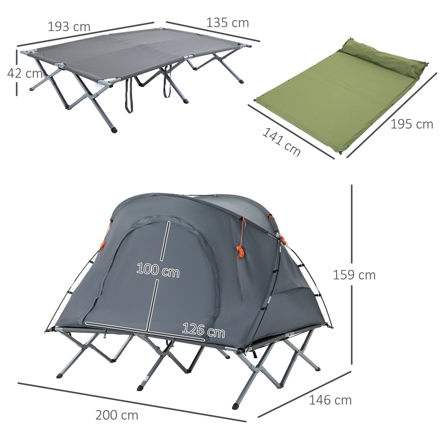 Camping Bed Kupoltält 2 Person Luftmadrass Grå 200X146X159Cm