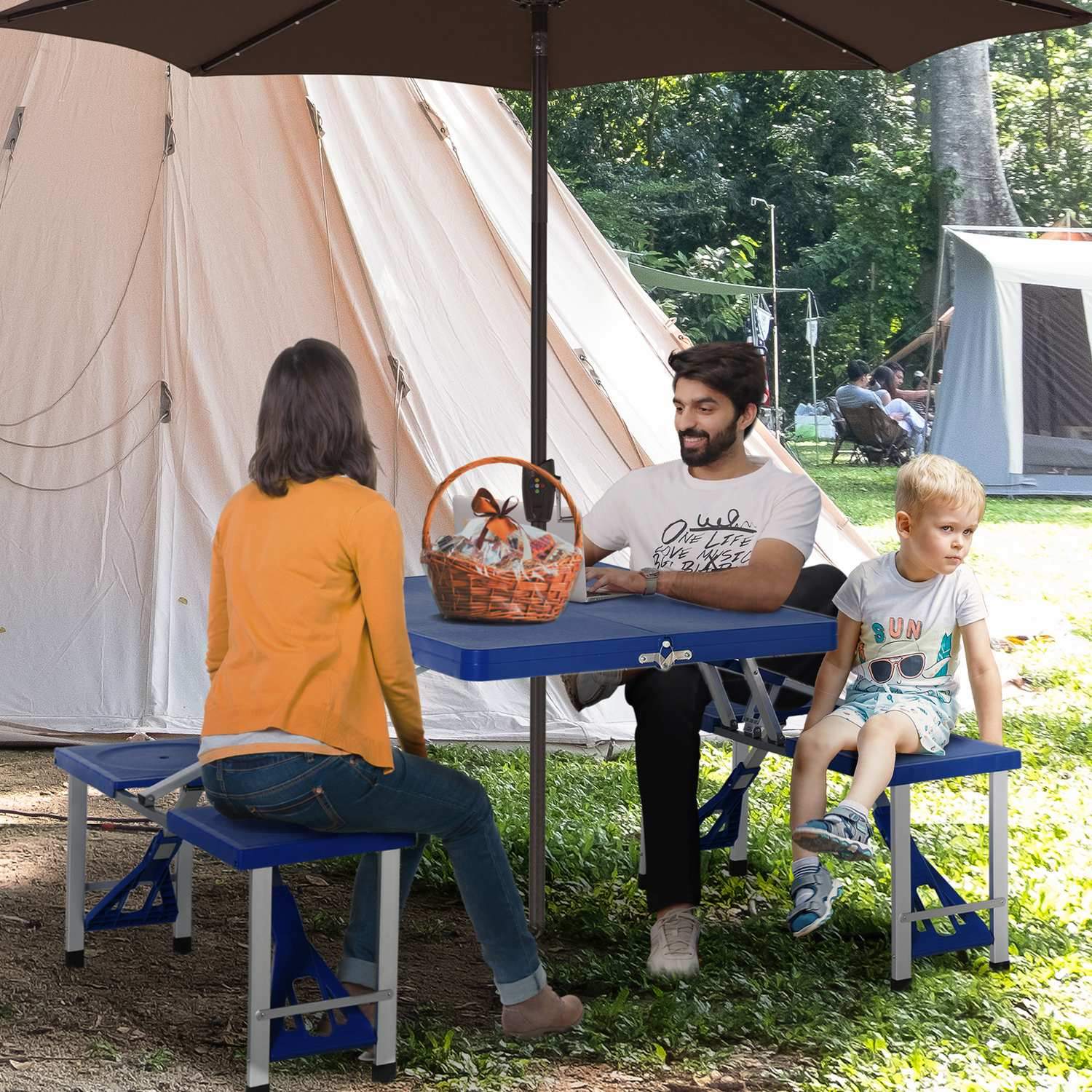 Campingbordsett i aluminium Piknikbord sammenleggbart med 4 seter, bærbar sittegruppe, blå, 135,5 x 84,5 x 66 cm, for utendørs og hage