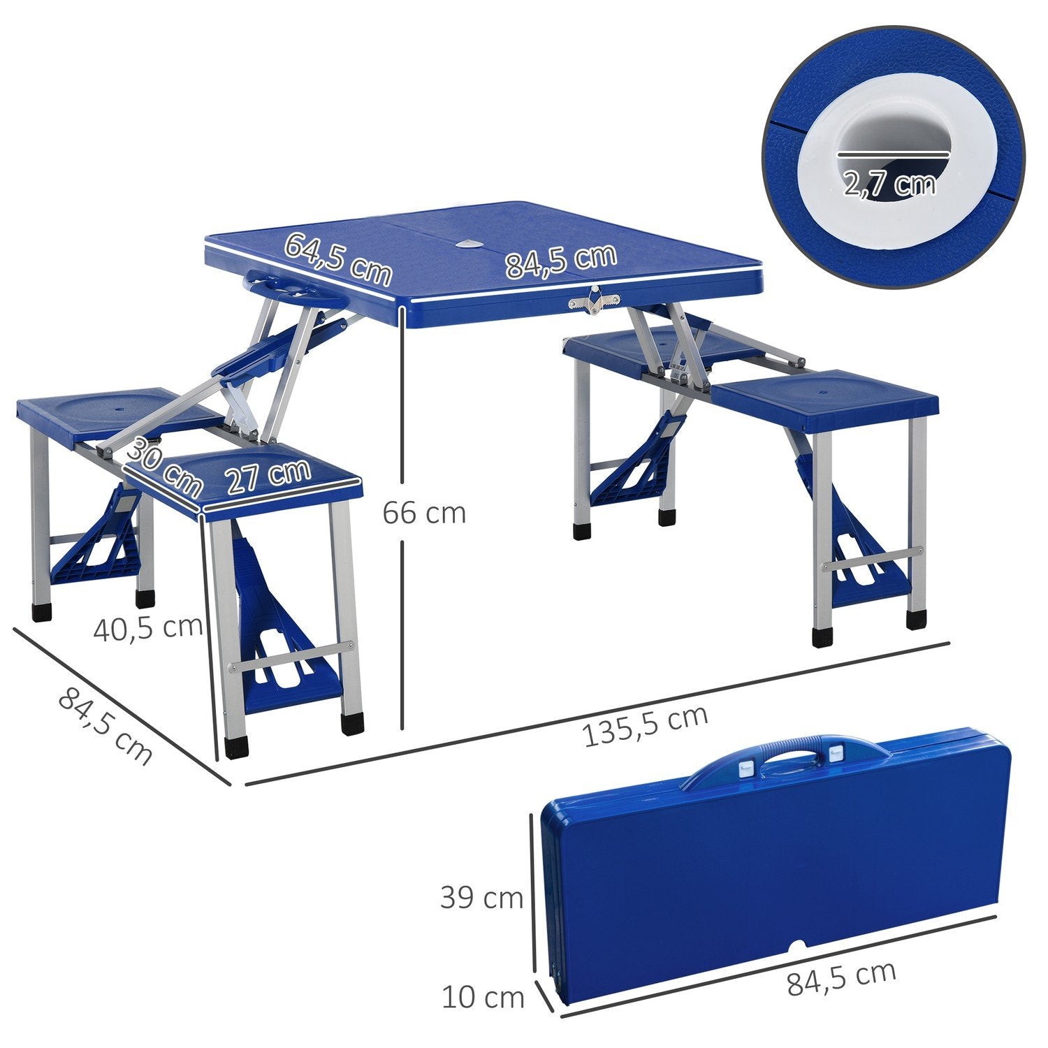 Campingbordsett i aluminium Piknikbord sammenleggbart med 4 seter, bærbar sittegruppe, blå, 135,5 x 84,5 x 66 cm, for utendørs og hage