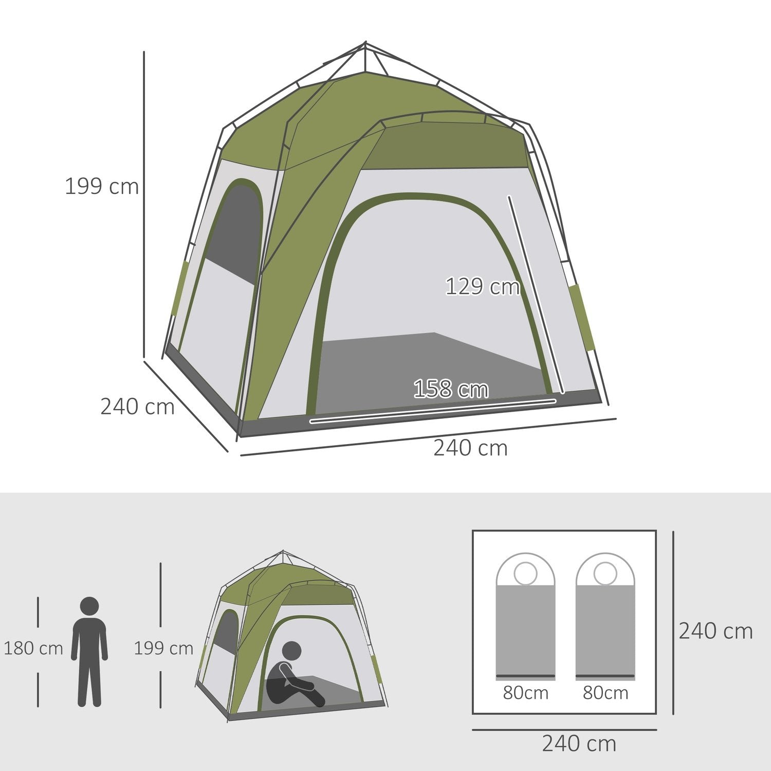 Campingtält 4 Personstält Familjetält Med Fönster 190Tpu1000Mm Enkel Installation Aluminiumlegering Glasfiber Grön+Grå 240X240X195Cm