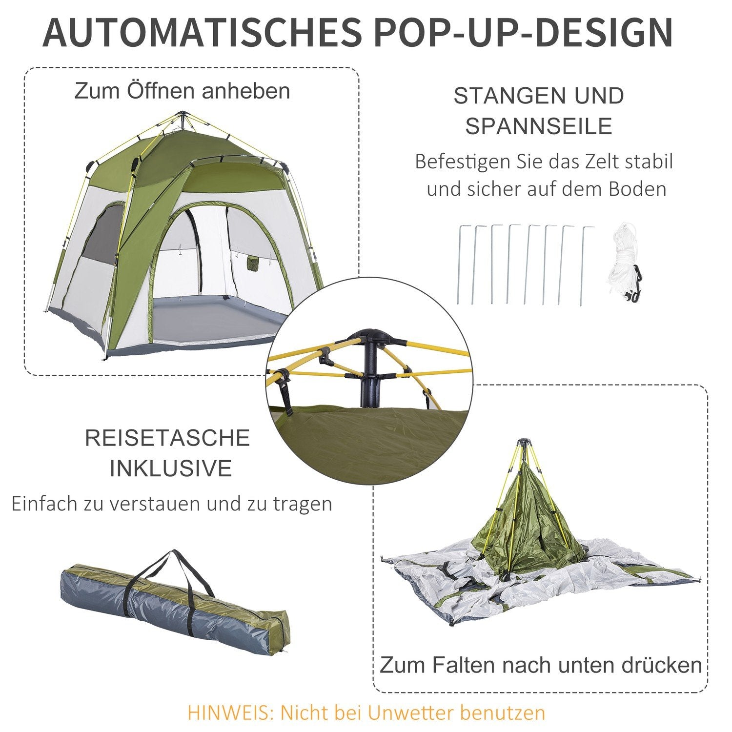 Campingtält 4 Personstält Familjetält Med Fönster 190Tpu1000Mm Enkel Installation Aluminiumlegering Glasfiber Grön+Grå 240X240X195Cm