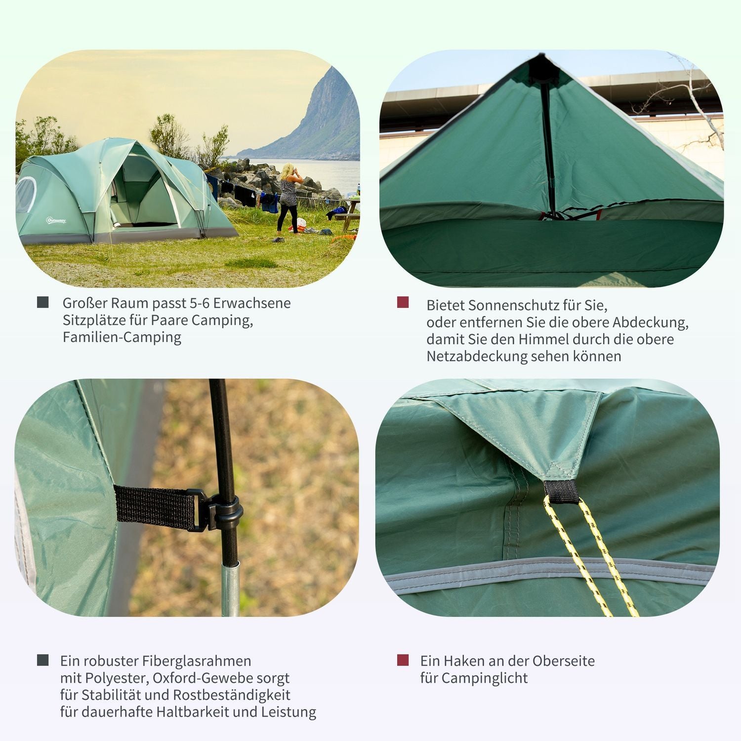 Campingtelt for 5-6 personer Tunneltelt med pinner, kuppeltelt, polyester, armygrønn + svart, 4,55X2,3X1,8M