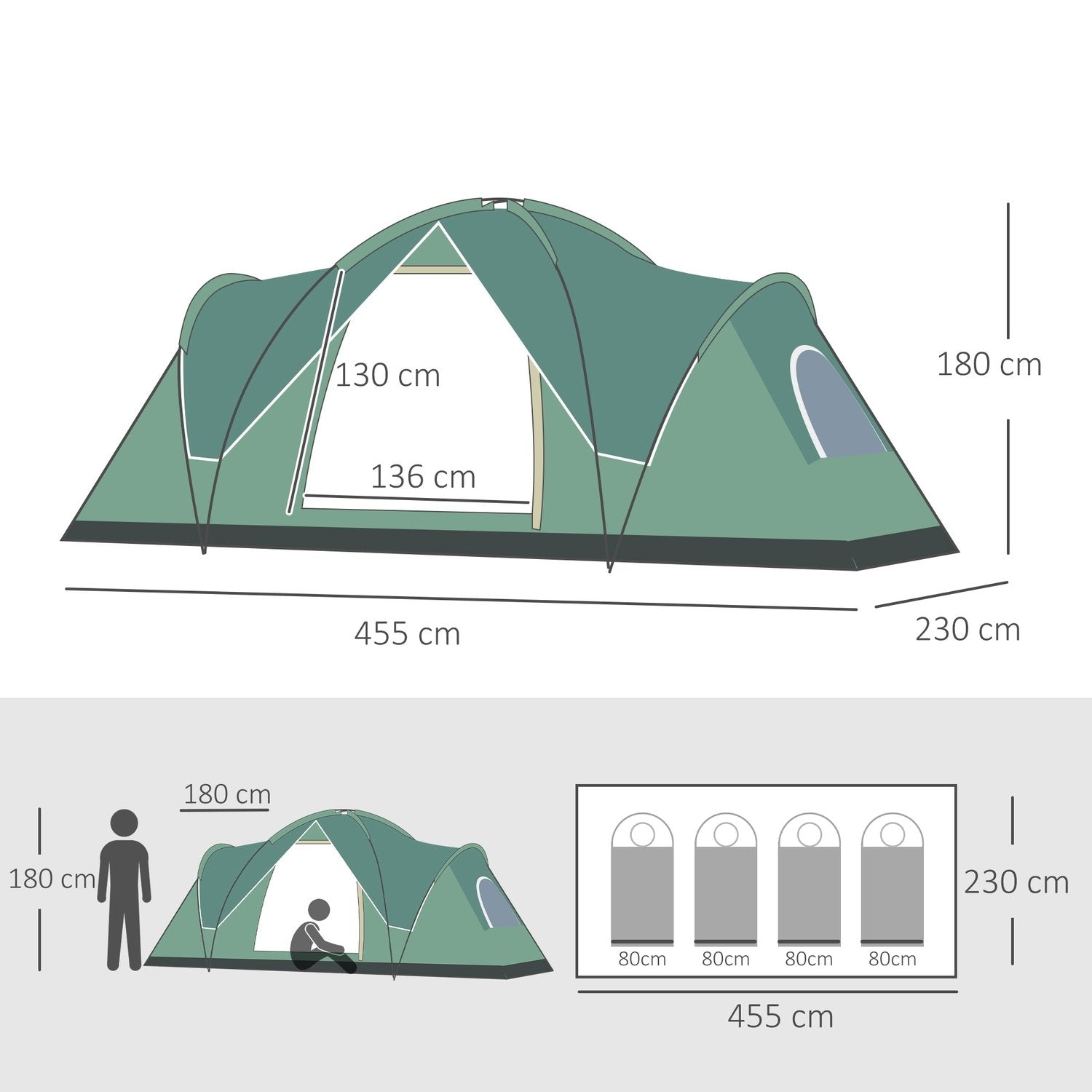 Campingtelt for 5-6 personer Tunneltelt med pinner, kuppeltelt, polyester, armygrønn + svart, 4,55X2,3X1,8M