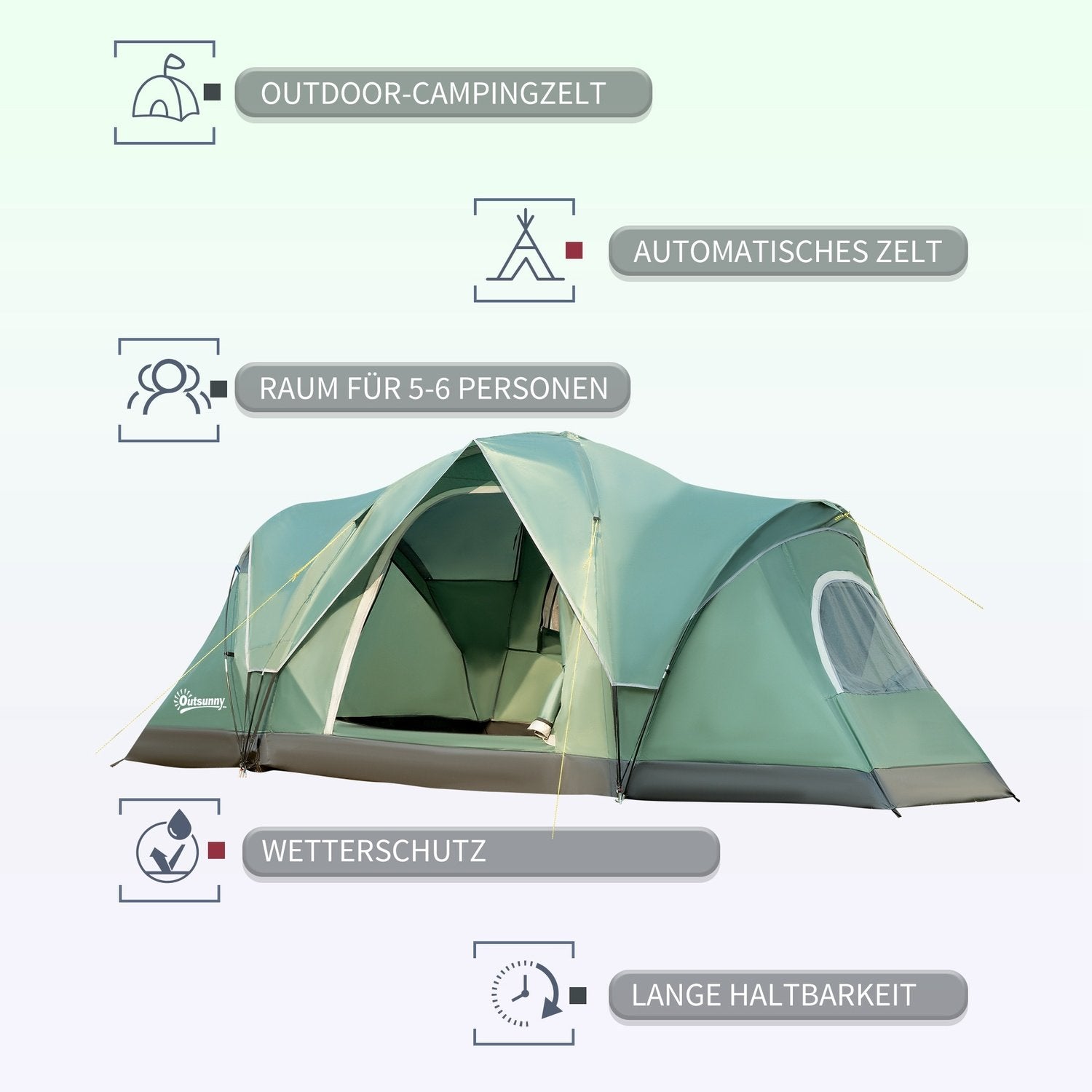 Campingtelt for 5-6 personer Tunneltelt med pinner, kuppeltelt, polyester, armygrønn + svart, 4,55X2,3X1,8M