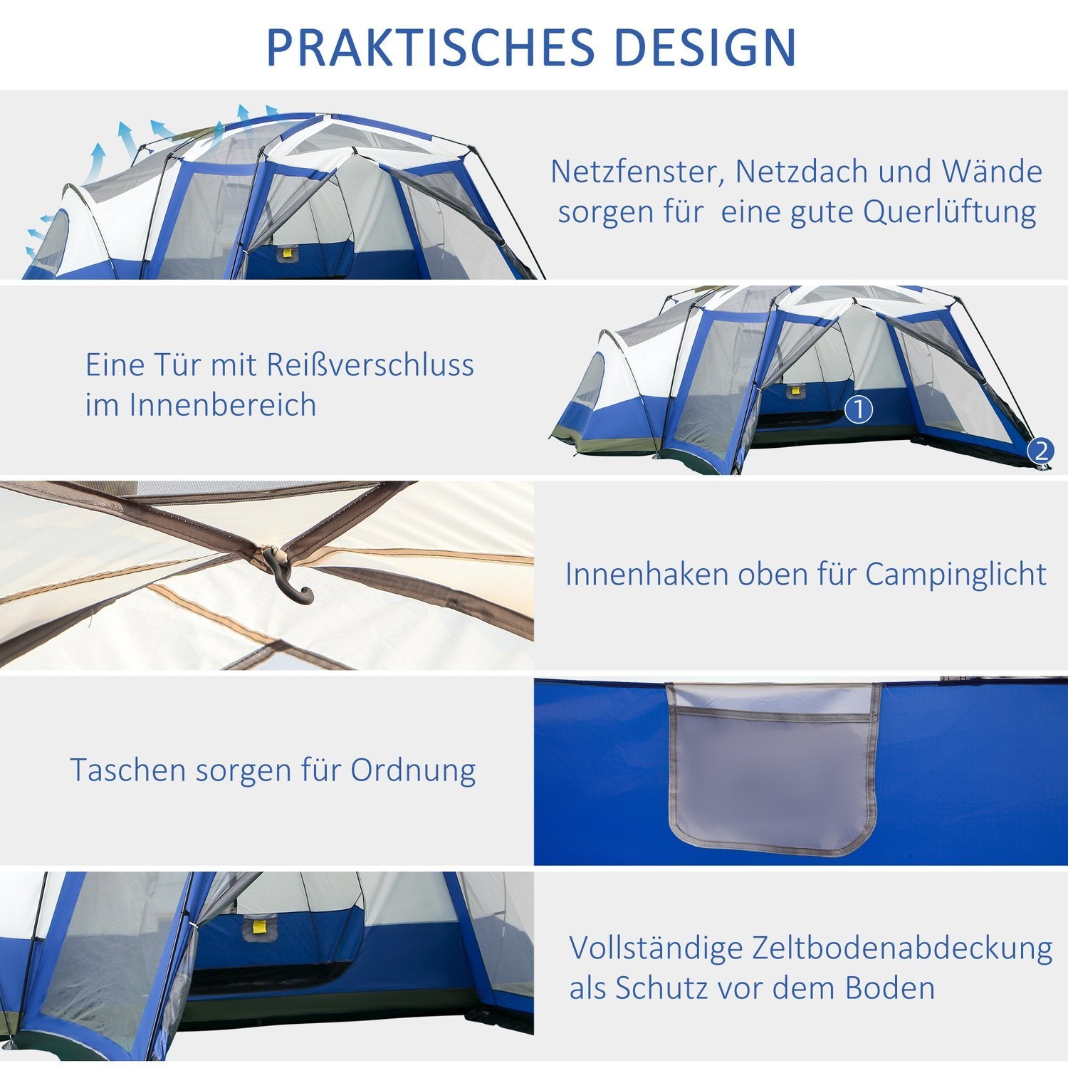 Campingtelt for 6-8 personer Familietelt med vestibyle, 2 vinduer, kuppeltelt, Pu3000Mm, blått, 518X487X237Cm