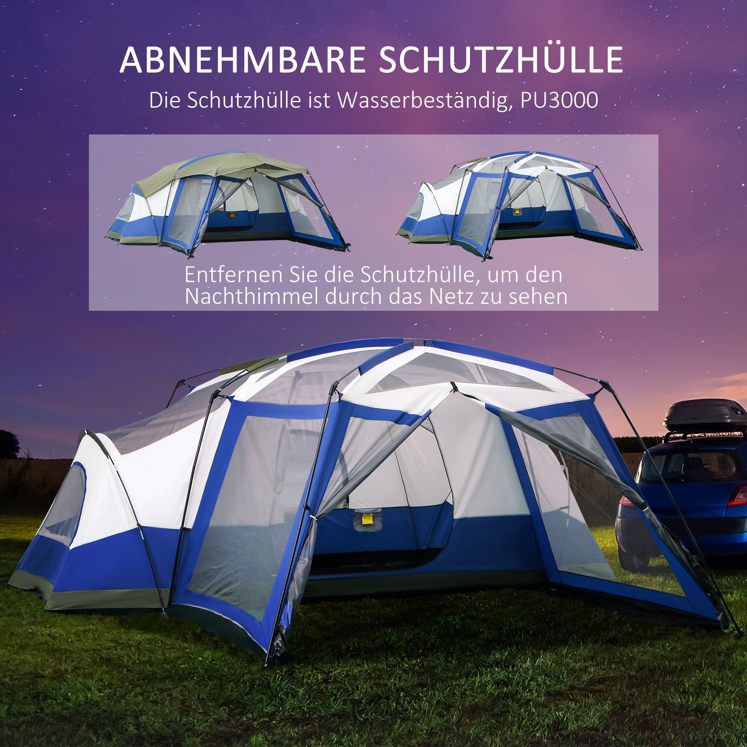 Campingtelt for 6-8 personer Familietelt med vestibyle, 2 vinduer, kuppeltelt, Pu3000Mm, blått, 518X487X237Cm