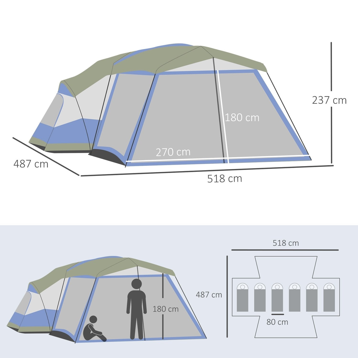 Campingtelt for 6-8 personer Familietelt med vestibyle, 2 vinduer, kuppeltelt, Pu3000Mm, blått, 518X487X237Cm