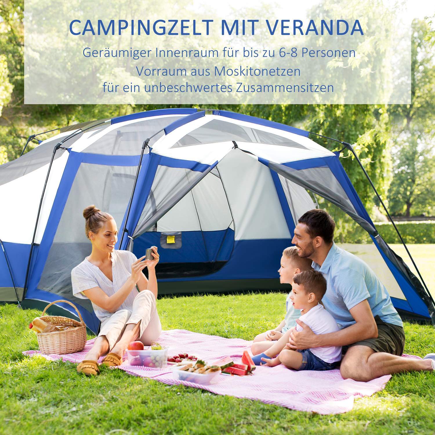 Campingtelt for 6-8 personer Familietelt med vestibyle, 2 vinduer, kuppeltelt, Pu3000Mm, blått, 518X487X237Cm