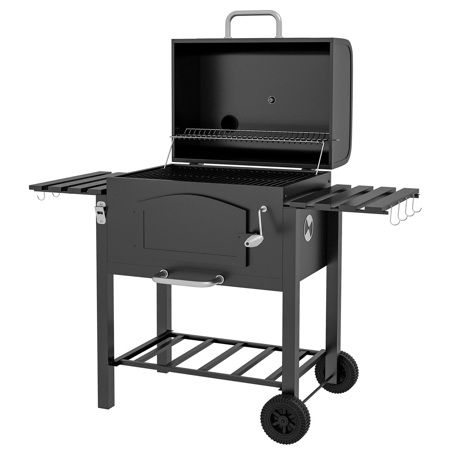 Kullgrill BBQ Hagegrill med lokk, hyller, røyker, kokeplate, hyller, transporthjul, metall