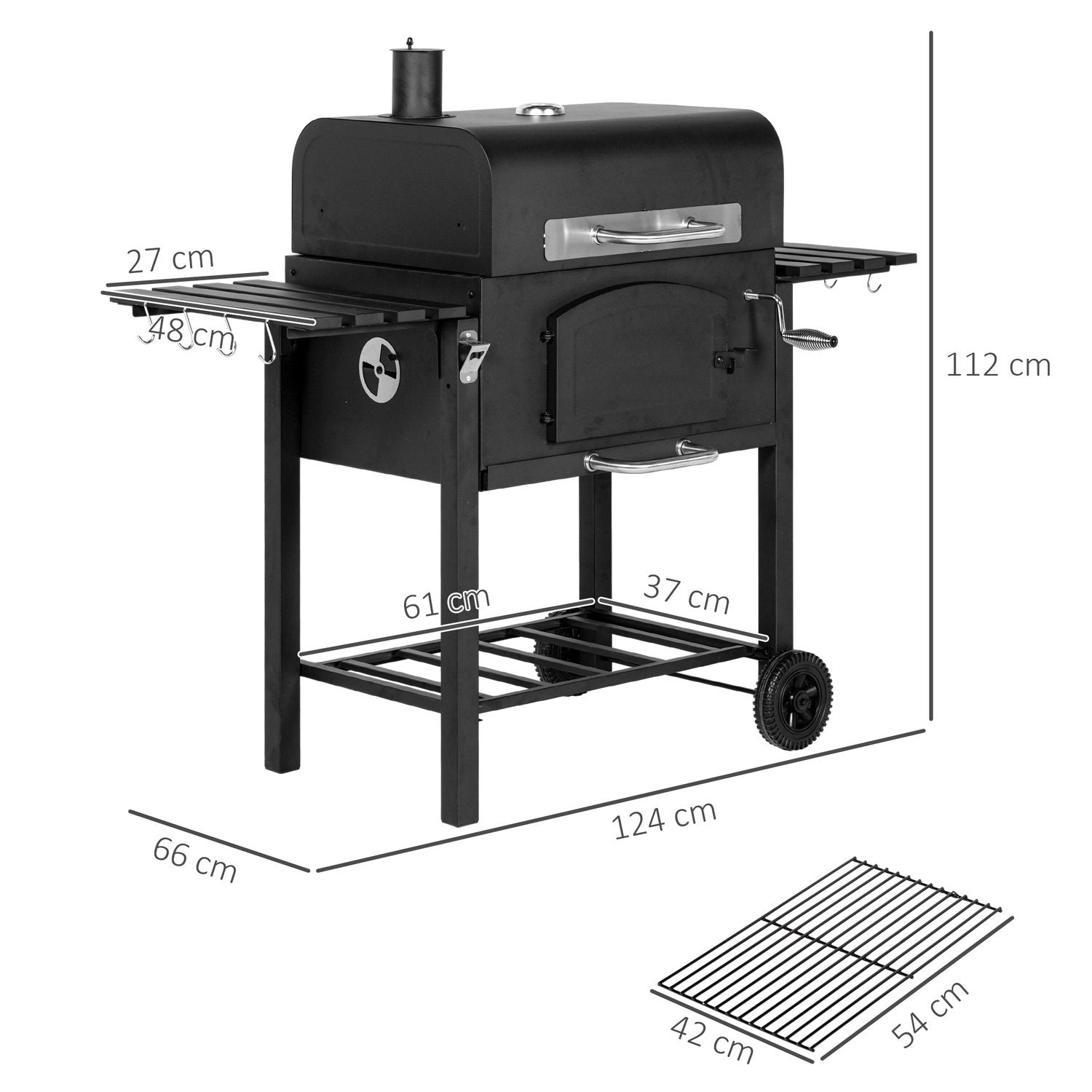 Kullgrill BBQ Hagegrill med lokk, hyller, røyker, kokeplate, hyller, transporthjul, metall