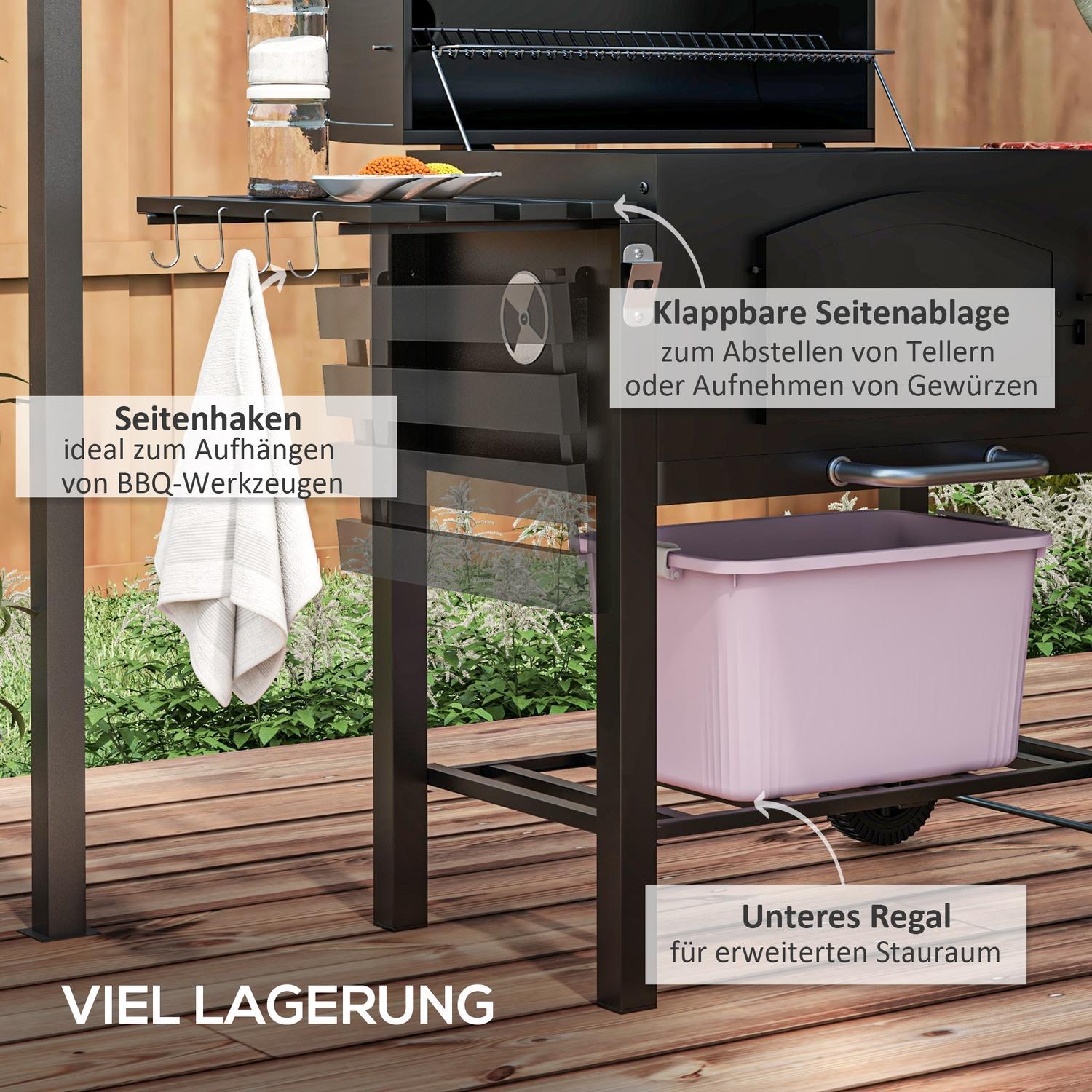 Kullgrill BBQ Hagegrill med lokk, hyller, røyker, kokeplate, hyller, transporthjul, metall