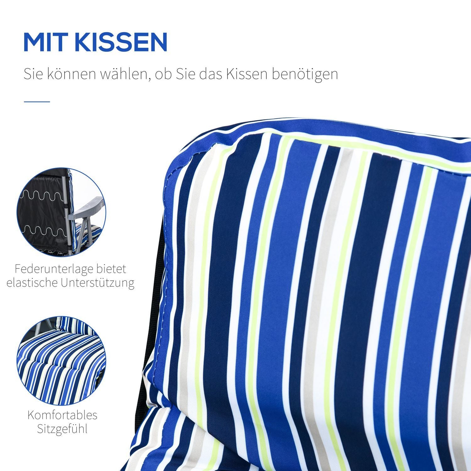 Solstolsset Med 2 Solstolar Med Kuddar, Hopfällbart, Justerbart Ryggstöd, Stål + Polyester, Blå, 60X75X65-102Cm