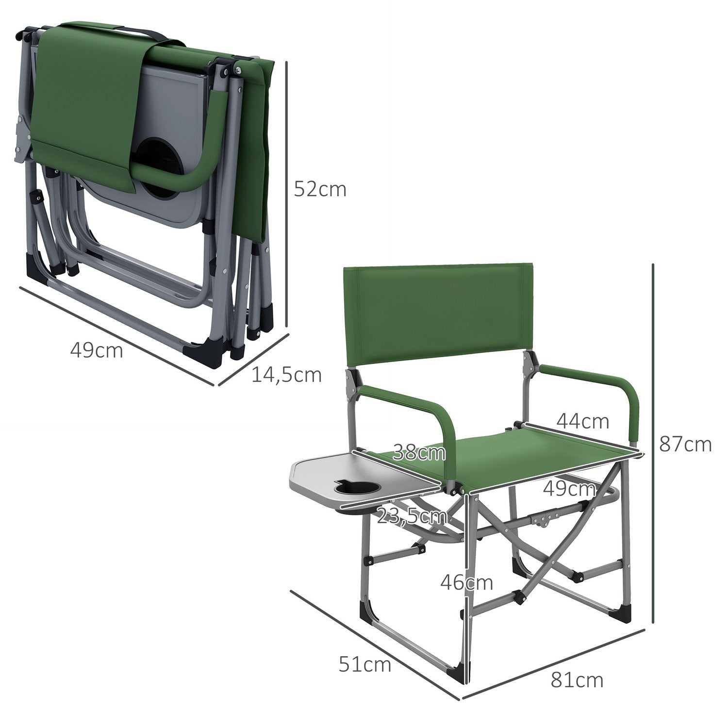 Director'S Chair Sammenleggbar campingstol med sidebord koppholder sammenleggbar stol med håndtak for camping strand Oxford Green