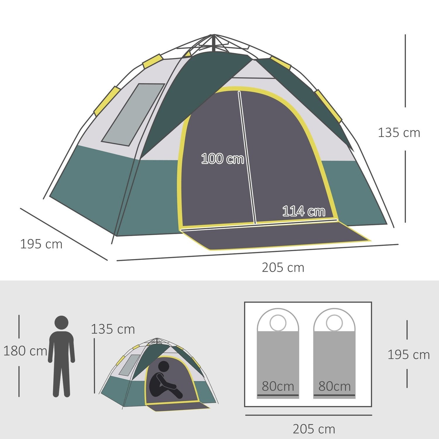 Kuppeltelt 3 Personer Polyester Grønn 205X195X135Cm Pinner