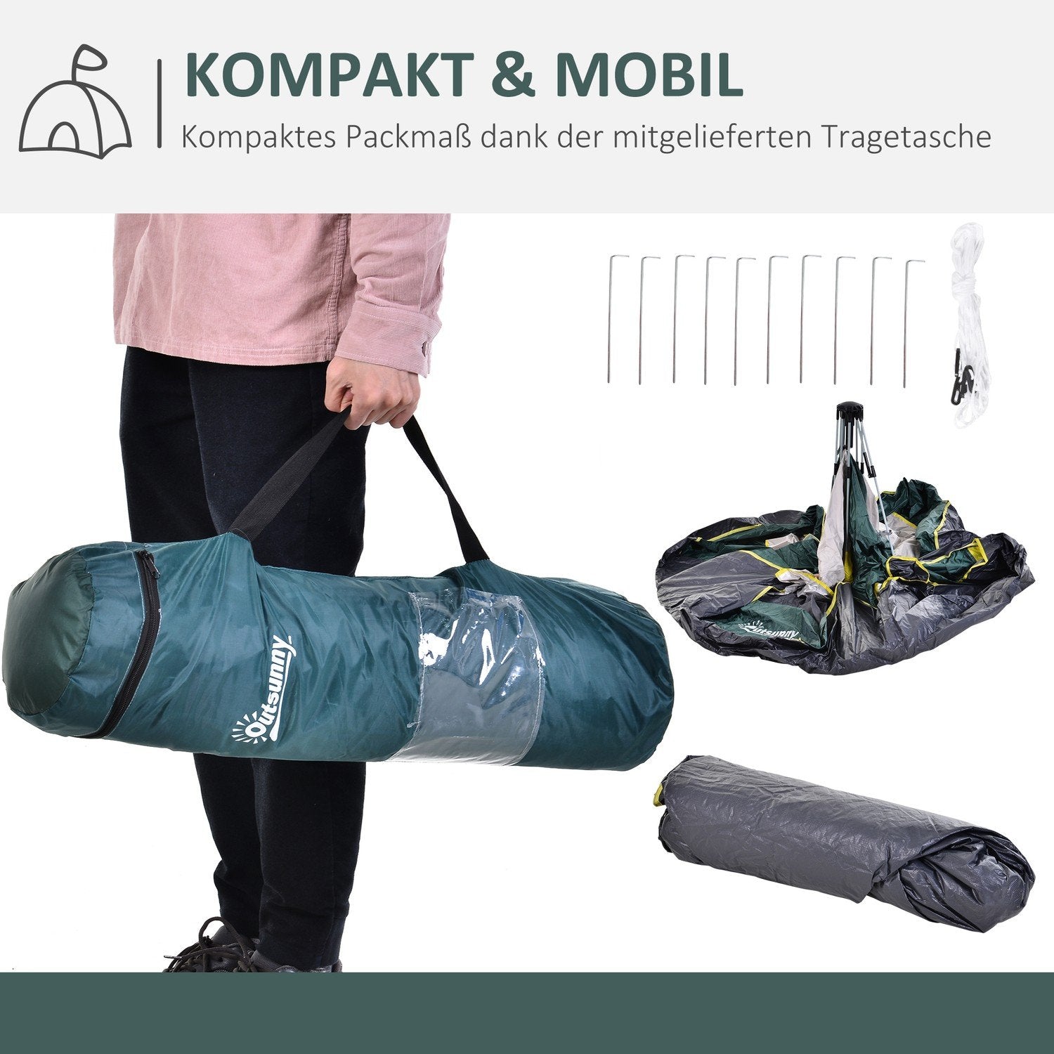 Kuppeltelt 3 Personer Polyester Grønn 205X195X135Cm Pinner