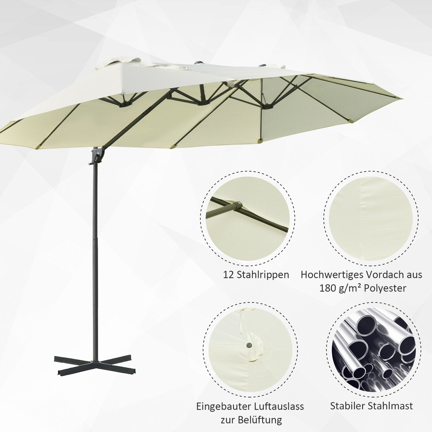 Dobbel Parasoll Cantilever Paraply Dobbel Paraply Med Sveiv Justerbar Hageparaply Solbeskyttelse Metall Kremhvit 440 X 270 X 250 Cm