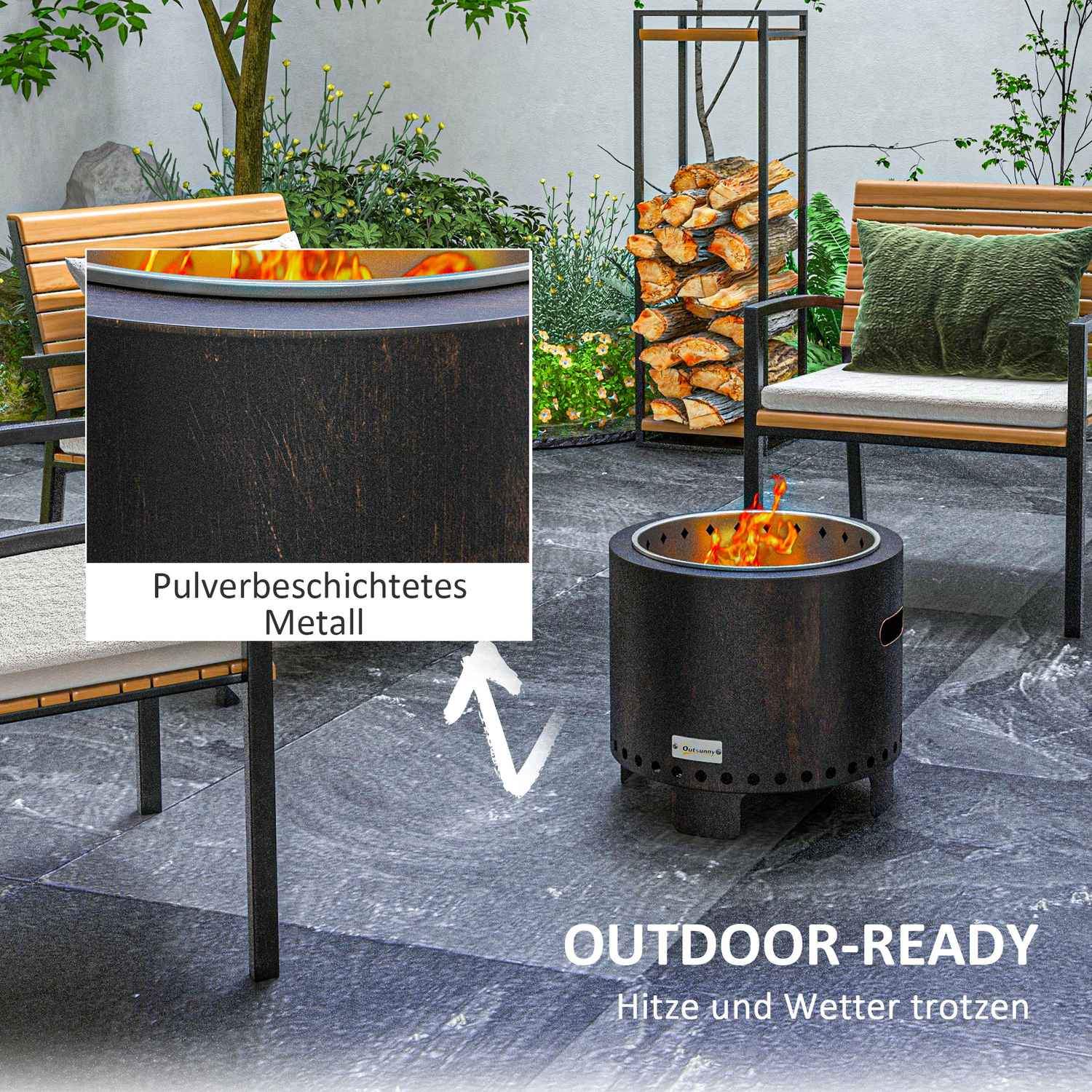 Fire Bowl Røykfritt bord Peis Ø45 Cm med håndtak og poker, ideell for hage og camping, metall, svart