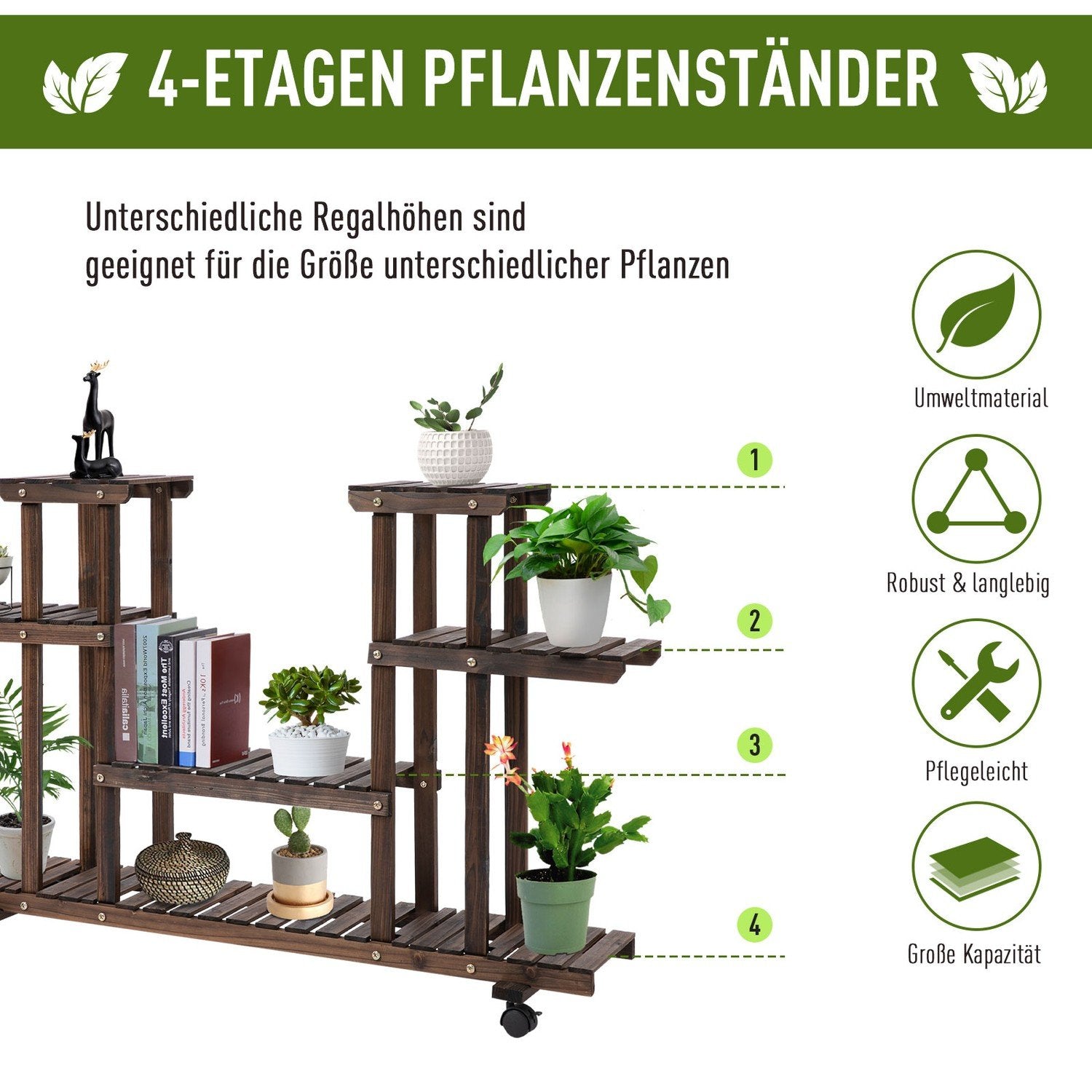 Plantehylle for blomsterstativ, hylle med fire blomster, heltre, forkullet, 123,5 x 33 x 80 cm